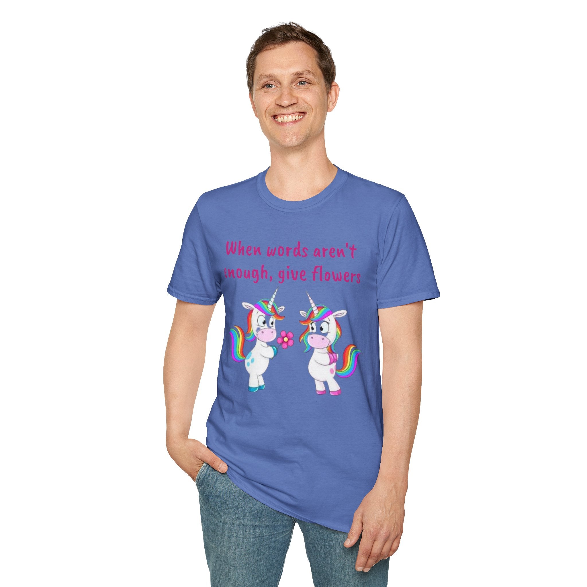 When Words Aren’t Enough, Give Flowers Unicorn Unisex Softstyle T-Shirt