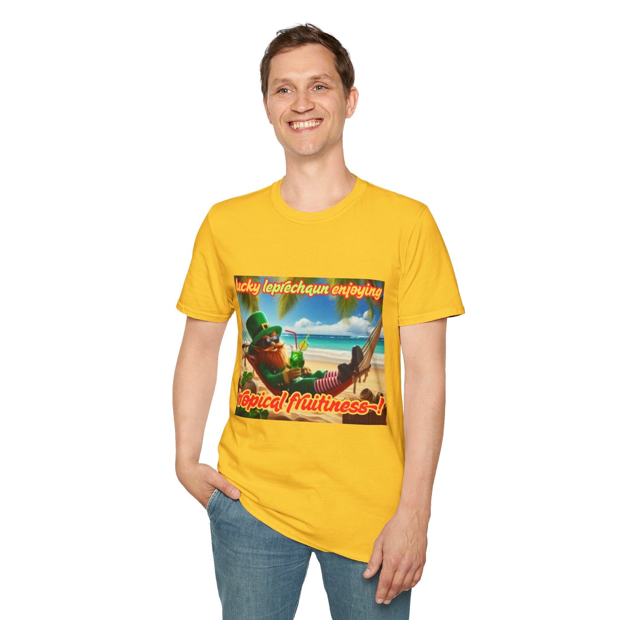 Lucky Leprechaun Enjoying Tropical Fruitiness! Unisex Softstyle T-Shirt