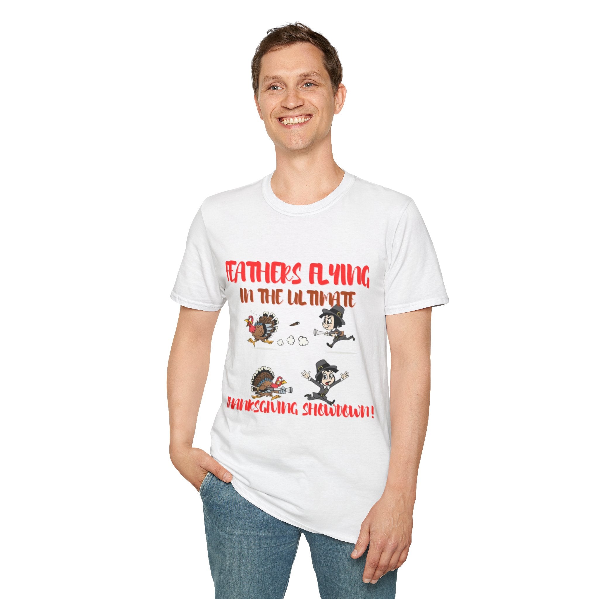 Feathers Flying In The Ultimate Thanksgiving Showdown Unisex Softstyle T-Shirt