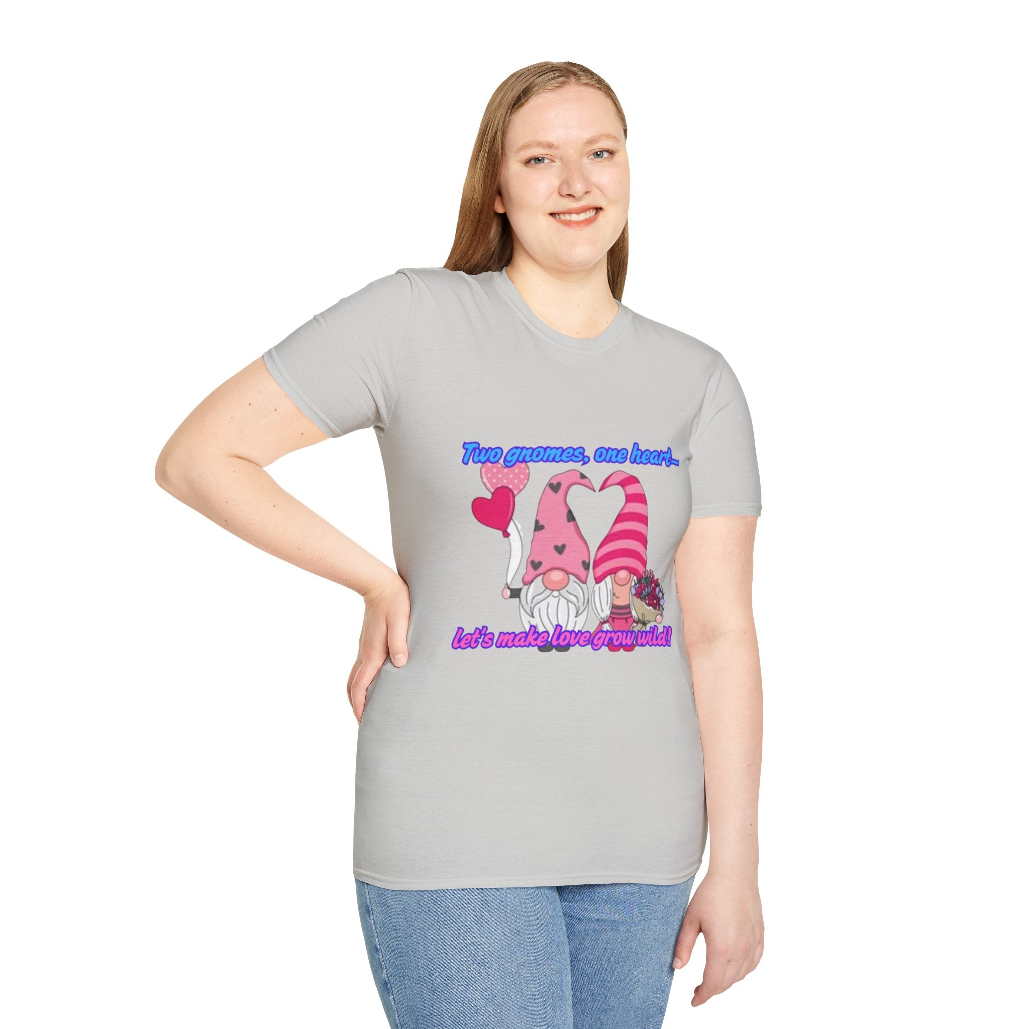 Two Gnomes, One Heart- Let's Make Love Grow Wild Unisex Softstyle T-Shirt