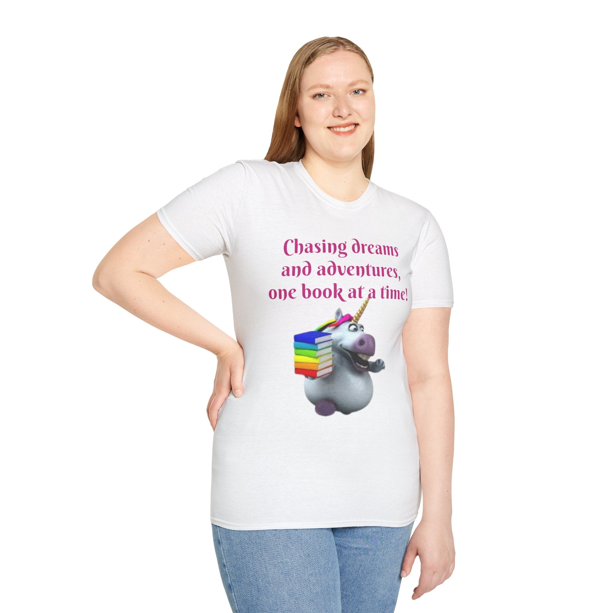 Chasing Dreams And Adventures, One Book At A Time! Unicorn Unisex Softstyle T-Shirt