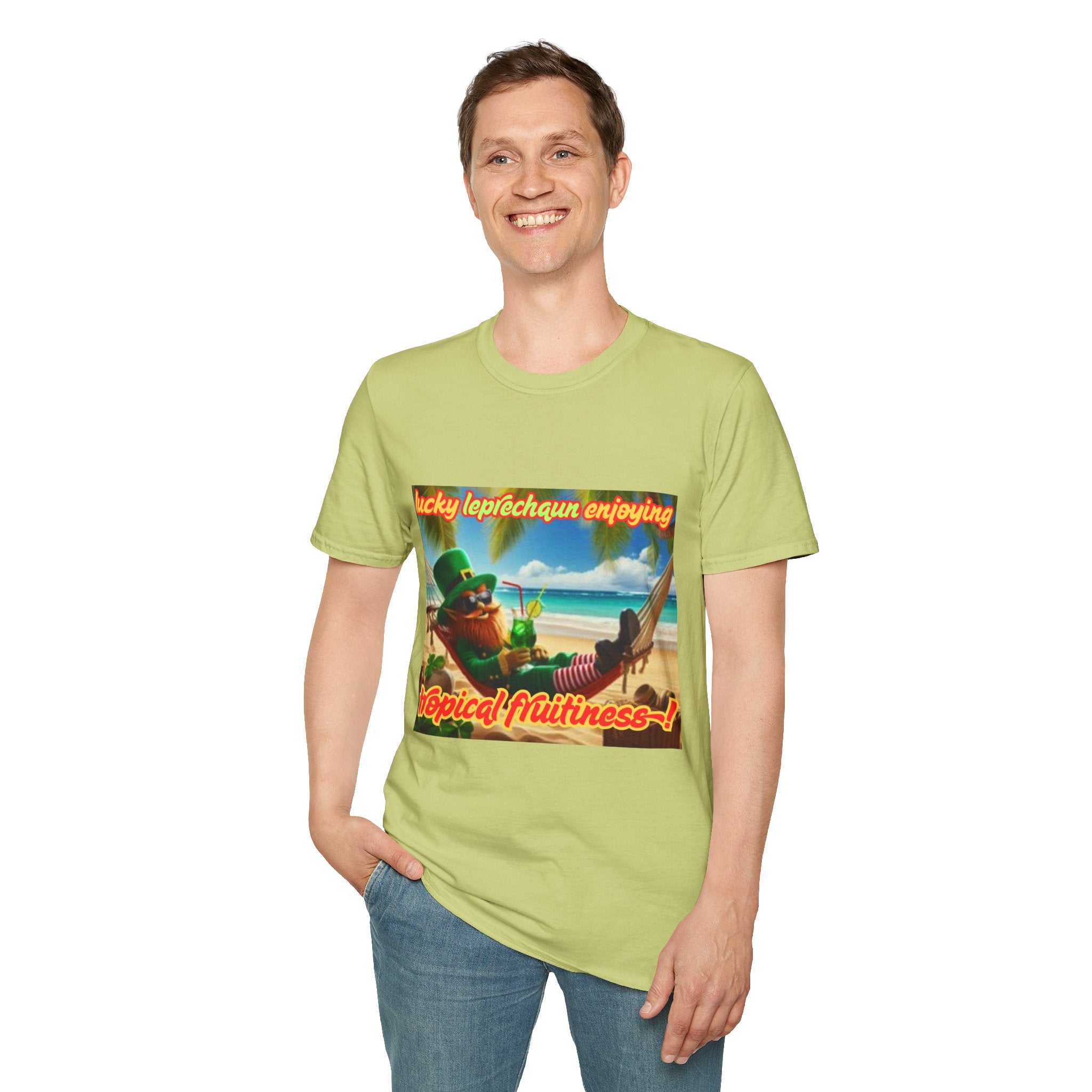 Lucky Leprechaun Enjoying Tropical Fruitiness! Unisex Softstyle T-Shirt