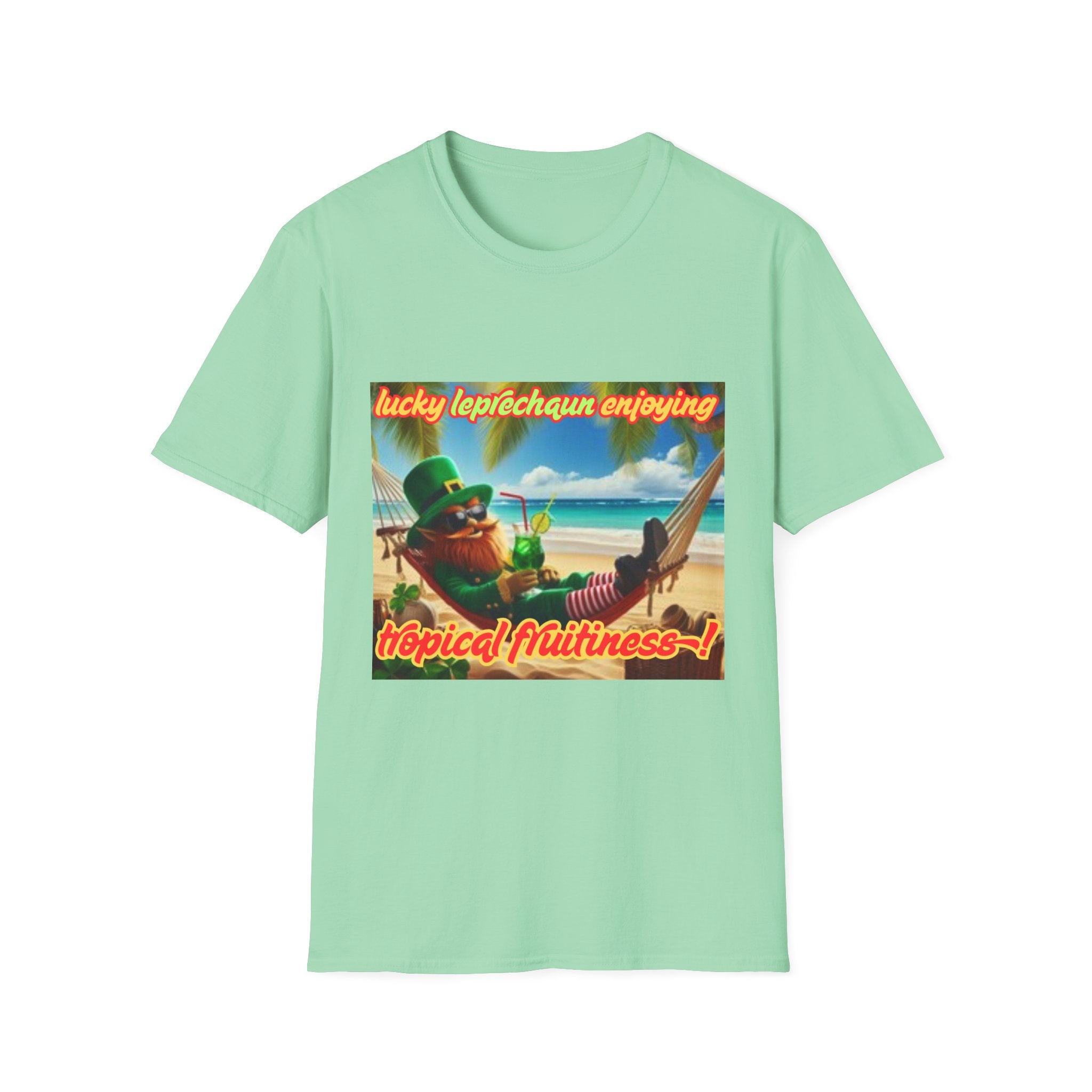 Lucky Leprechaun Enjoying Tropical Fruitiness! Unisex Softstyle T-Shirt