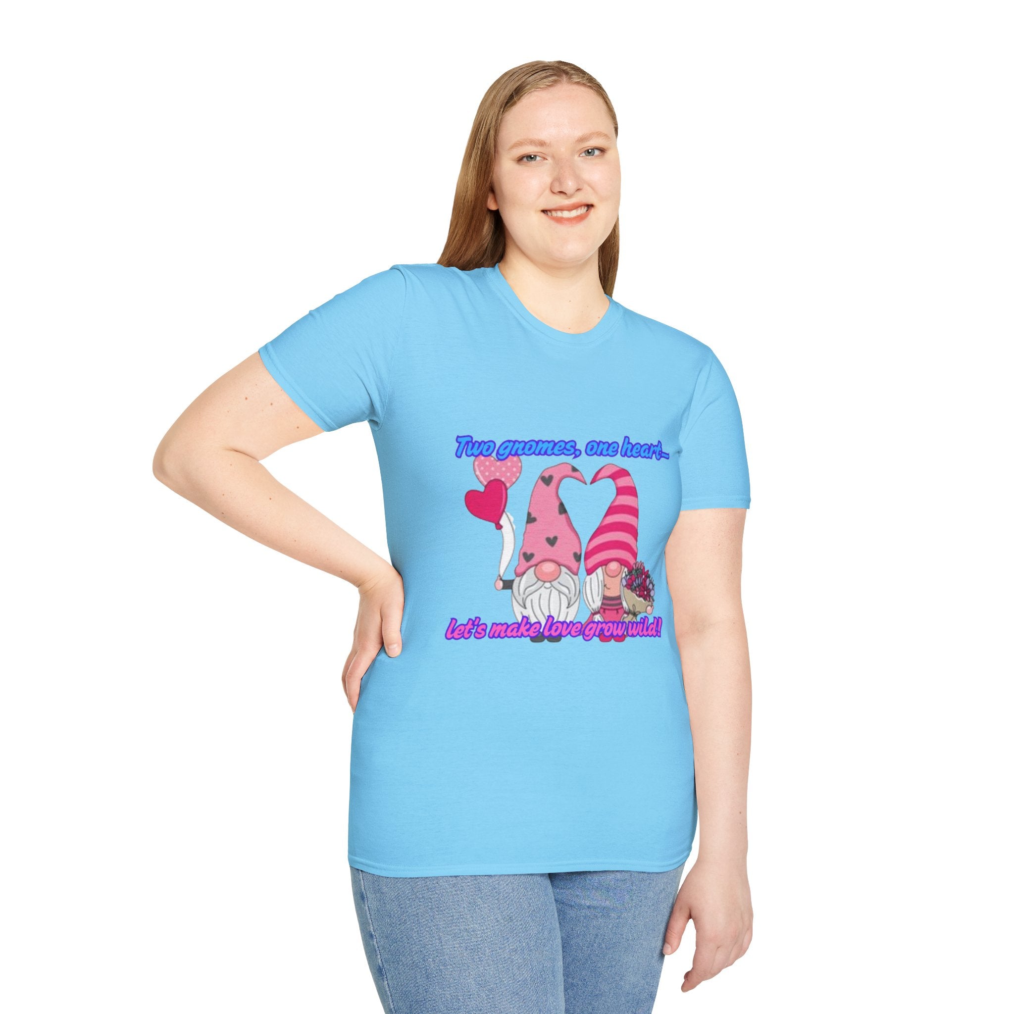 Two Gnomes, One Heart- Let's Make Love Grow Wild Unisex Softstyle T-Shirt