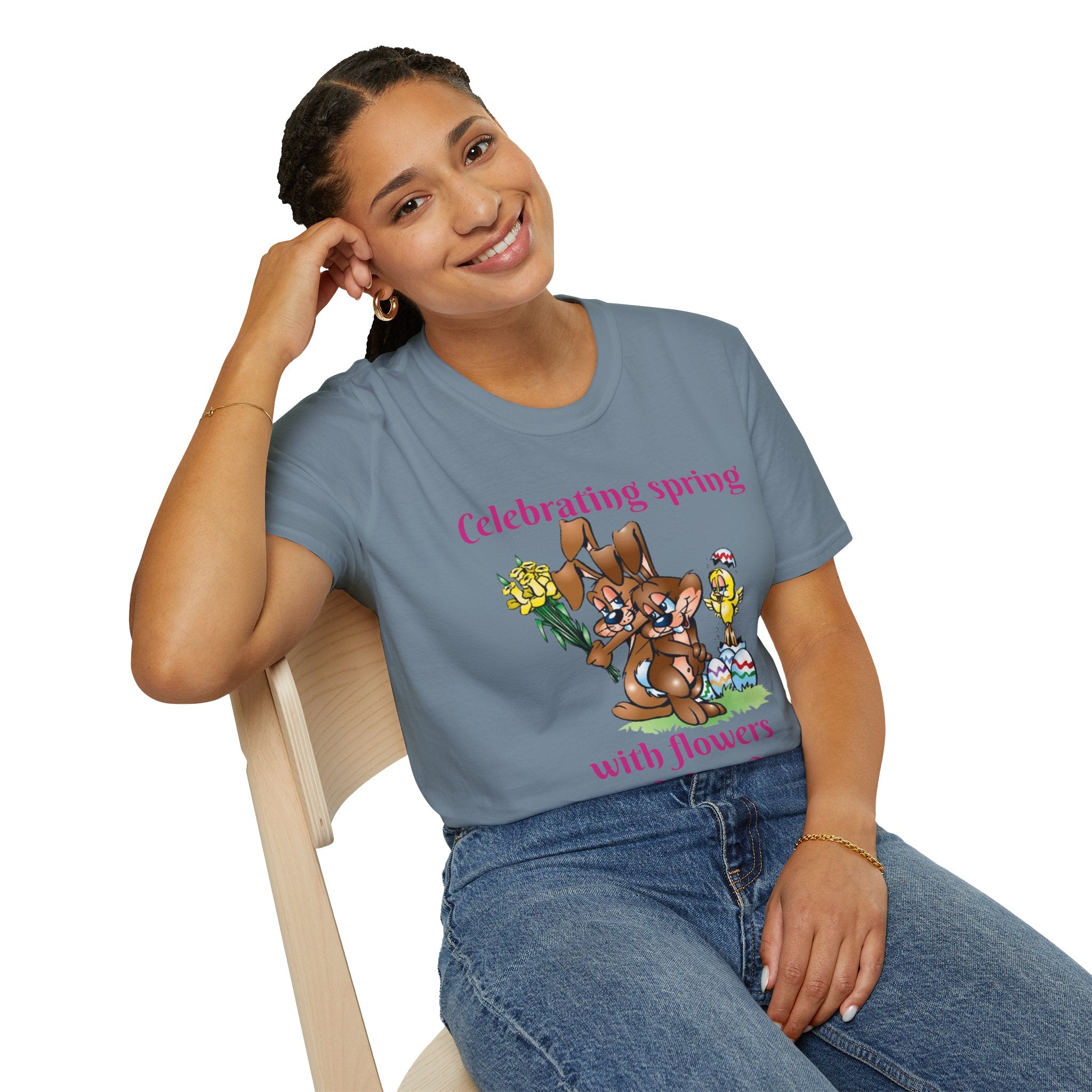 Celebrating Spring With Flowers And Friends Bunny Unisex Softstyle T-Shirt