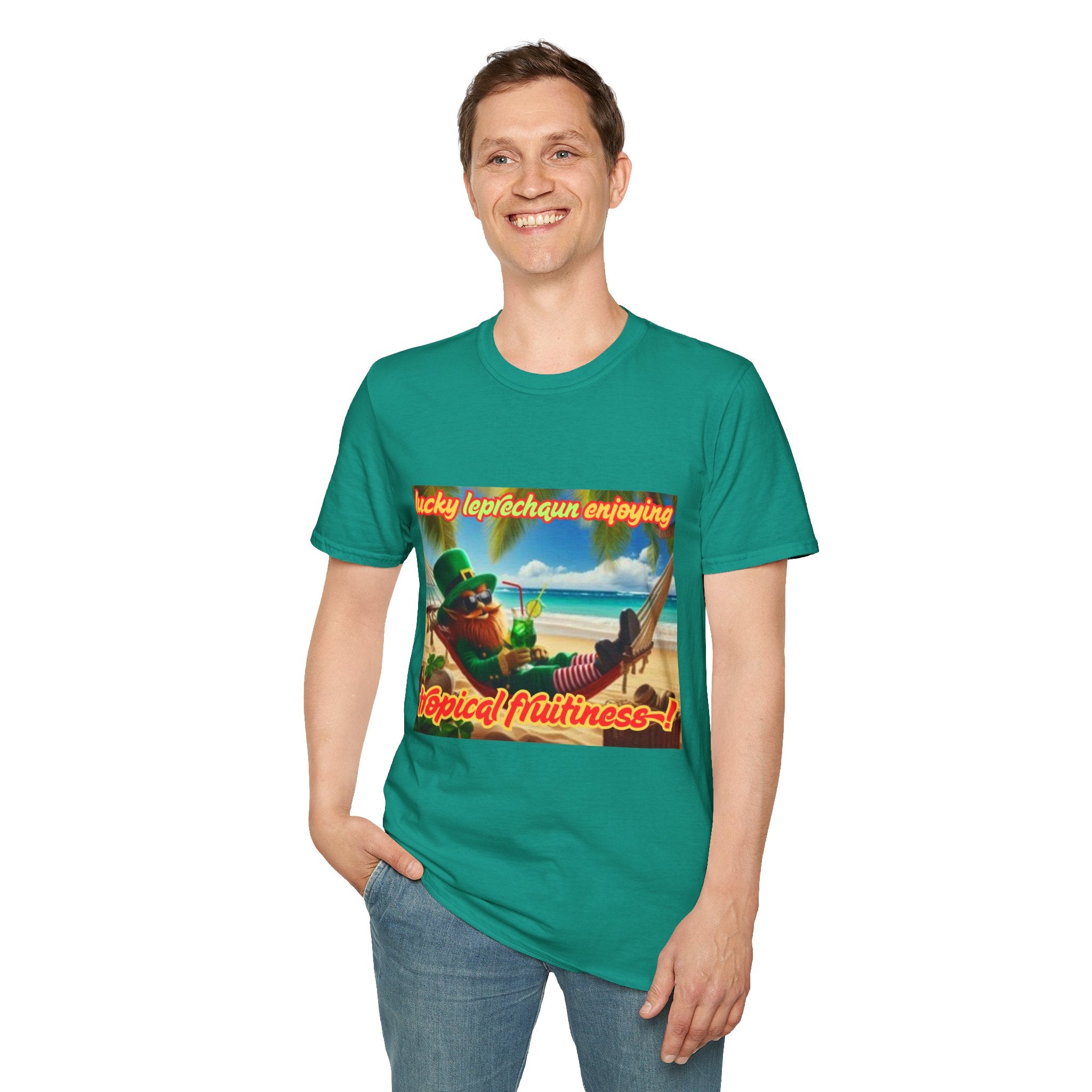 Lucky Leprechaun Enjoying Tropical Fruitiness! Unisex Softstyle T-Shirt