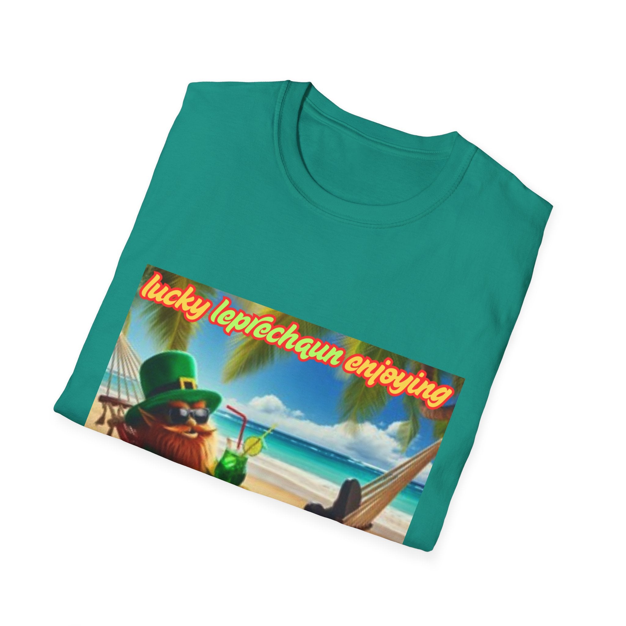 Lucky Leprechaun Enjoying Tropical Fruitiness! Unisex Softstyle T-Shirt