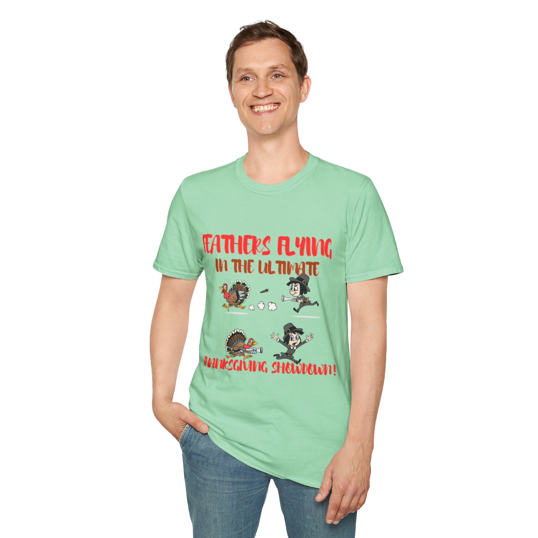 Feathers Flying In The Ultimate Thanksgiving Showdown Unisex Softstyle T-Shirt