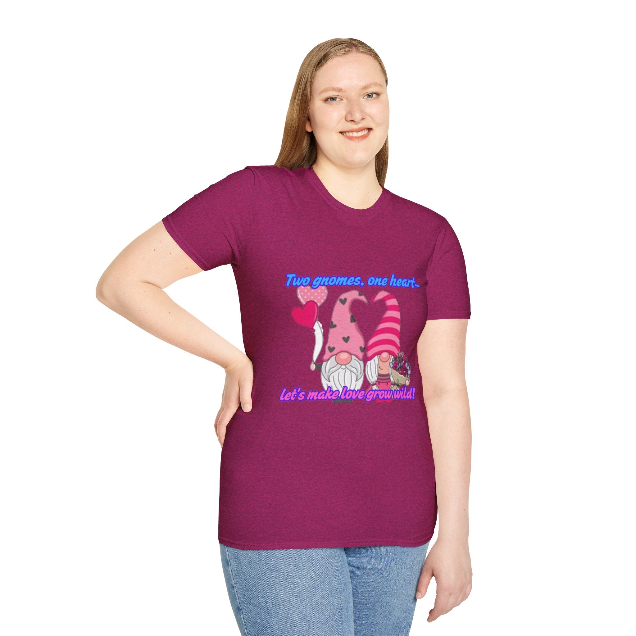Two Gnomes, One Heart- Let's Make Love Grow Wild Unisex Softstyle T-Shirt