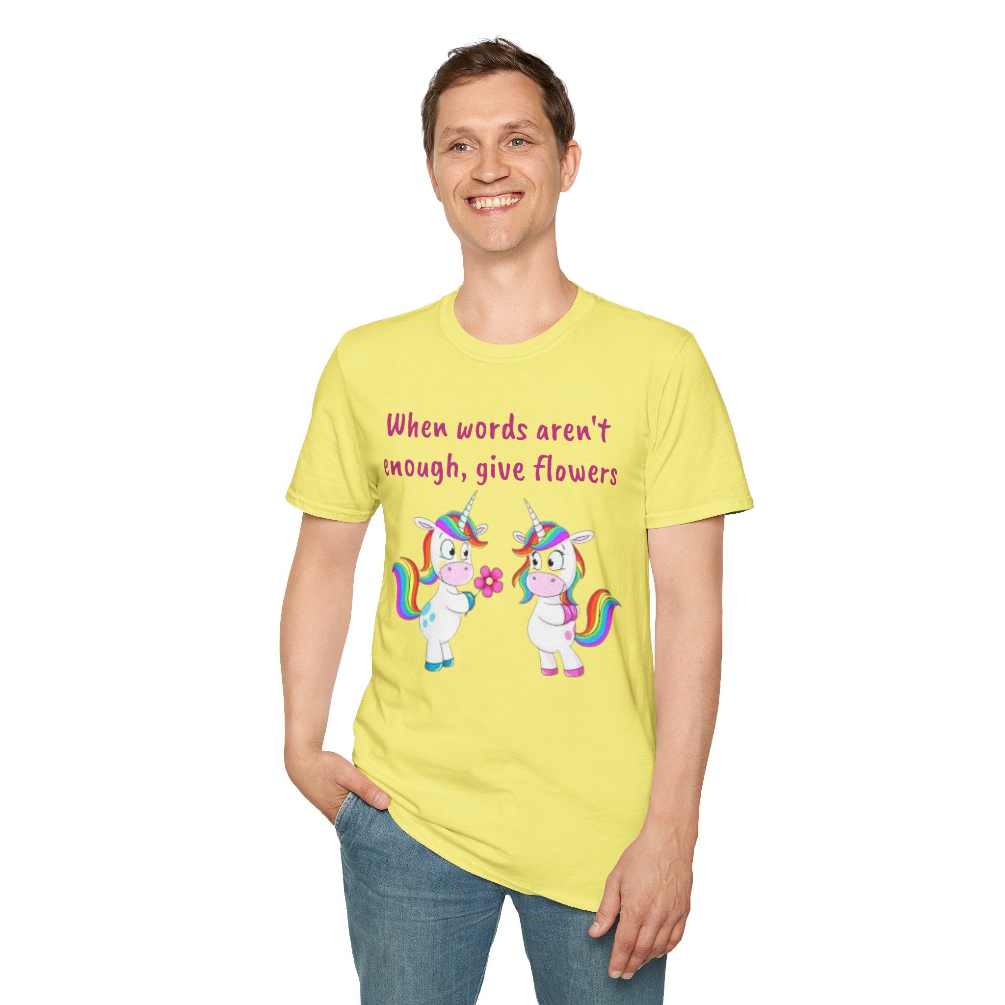 When Words Aren’t Enough, Give Flowers Unicorn Unisex Softstyle T-Shirt
