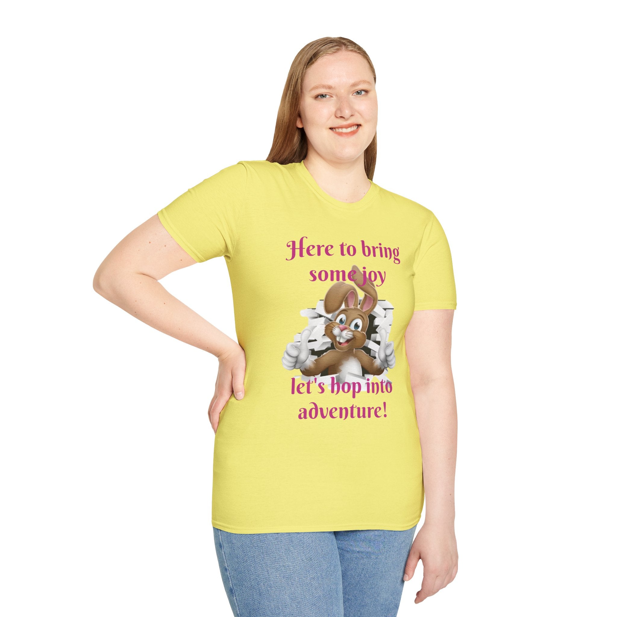 Here To Bring Some Joy Let's Hop Into Adventure Unisex Softstyle T-Shirt