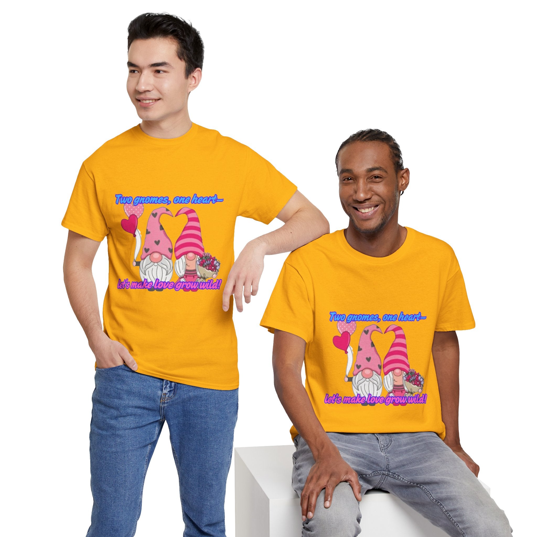 Two Gnomes, One Heart- Let's Make Love Grow Wild Unisex Heavy Cotton T-Shirt