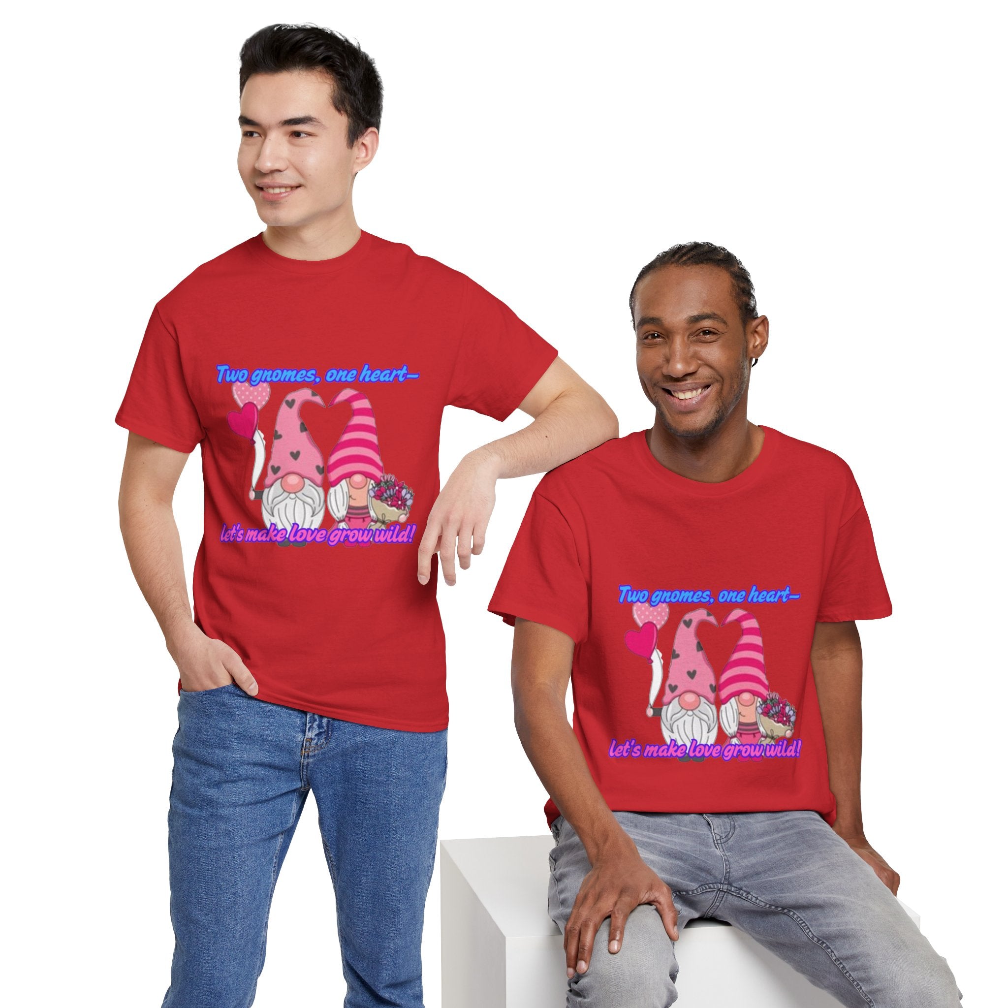 Two Gnomes, One Heart- Let's Make Love Grow Wild Unisex Heavy Cotton T-Shirt