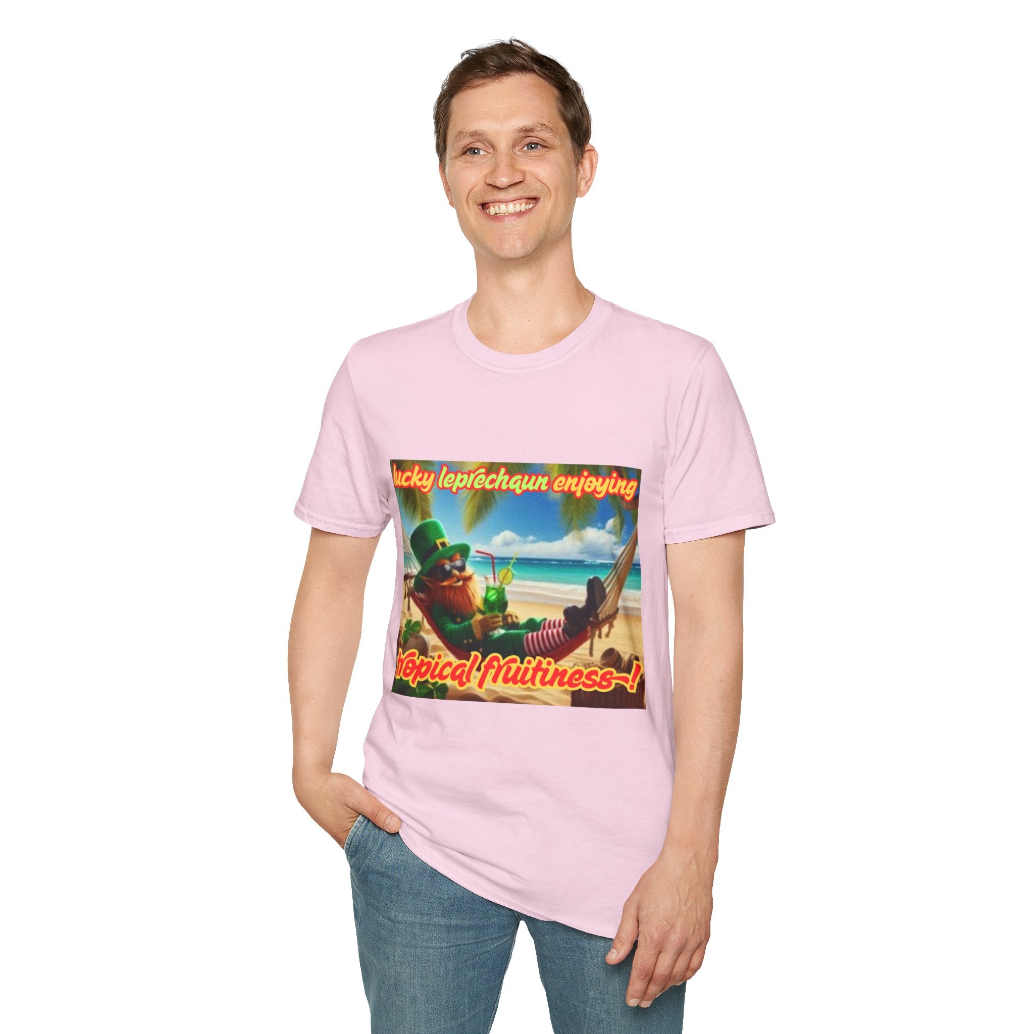 Lucky Leprechaun Enjoying Tropical Fruitiness! Unisex Softstyle T-Shirt