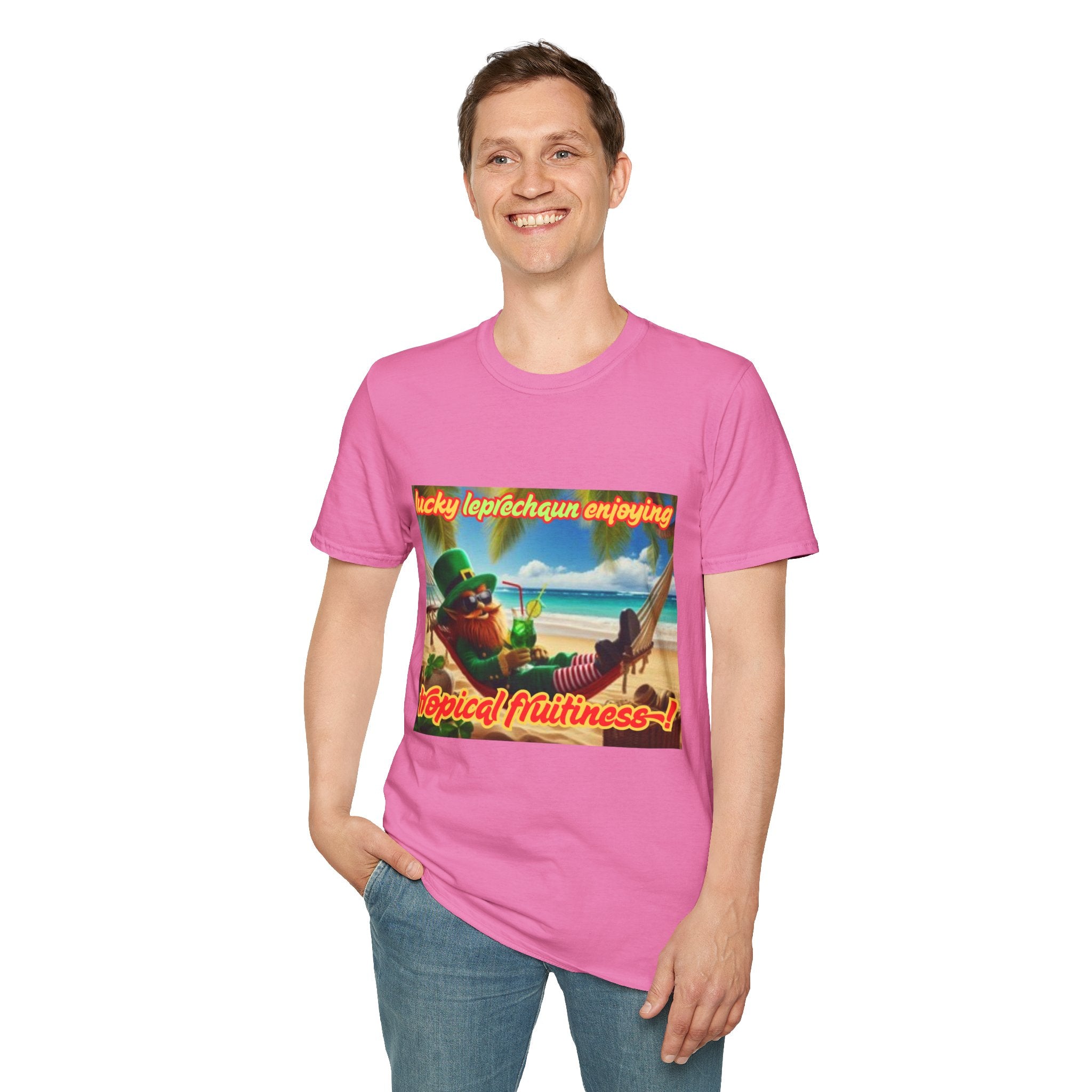 Lucky Leprechaun Enjoying Tropical Fruitiness! Unisex Softstyle T-Shirt