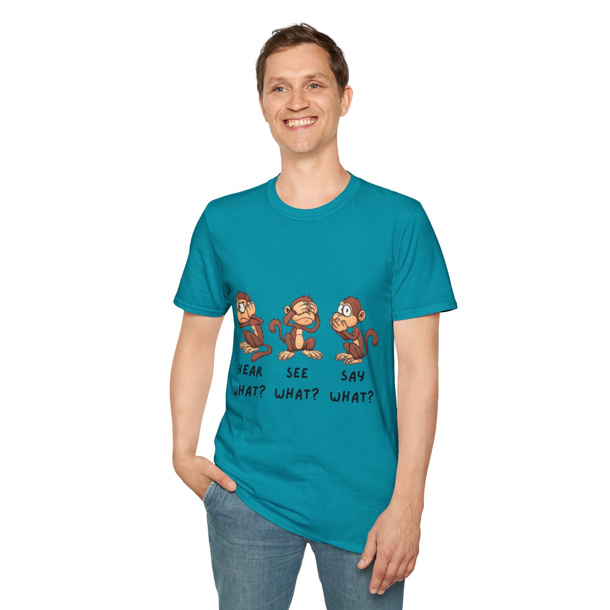 Monkey Hear, See, Say What? Unisex Softstyle T-Shirt
