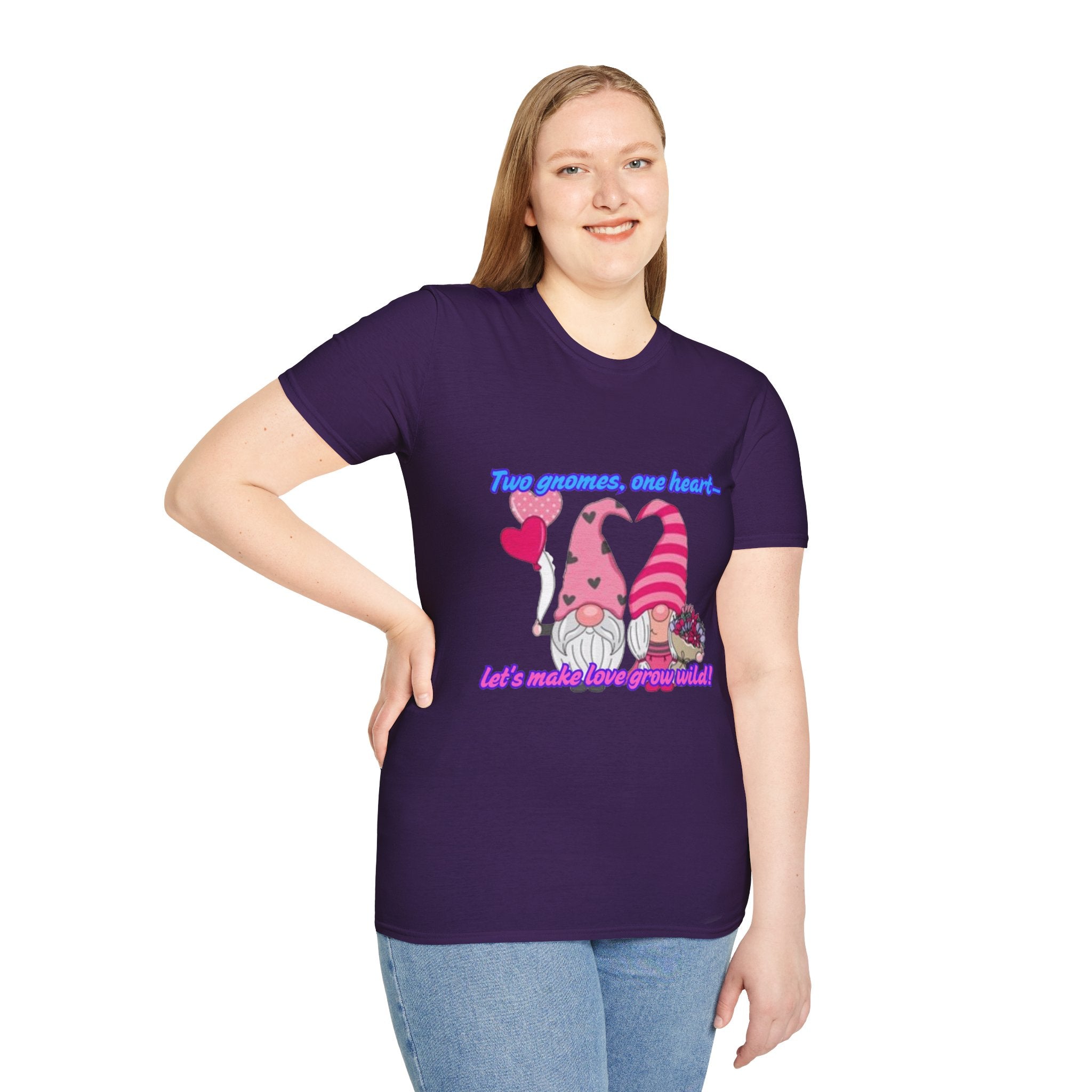 Two Gnomes, One Heart- Let's Make Love Grow Wild Unisex Softstyle T-Shirt