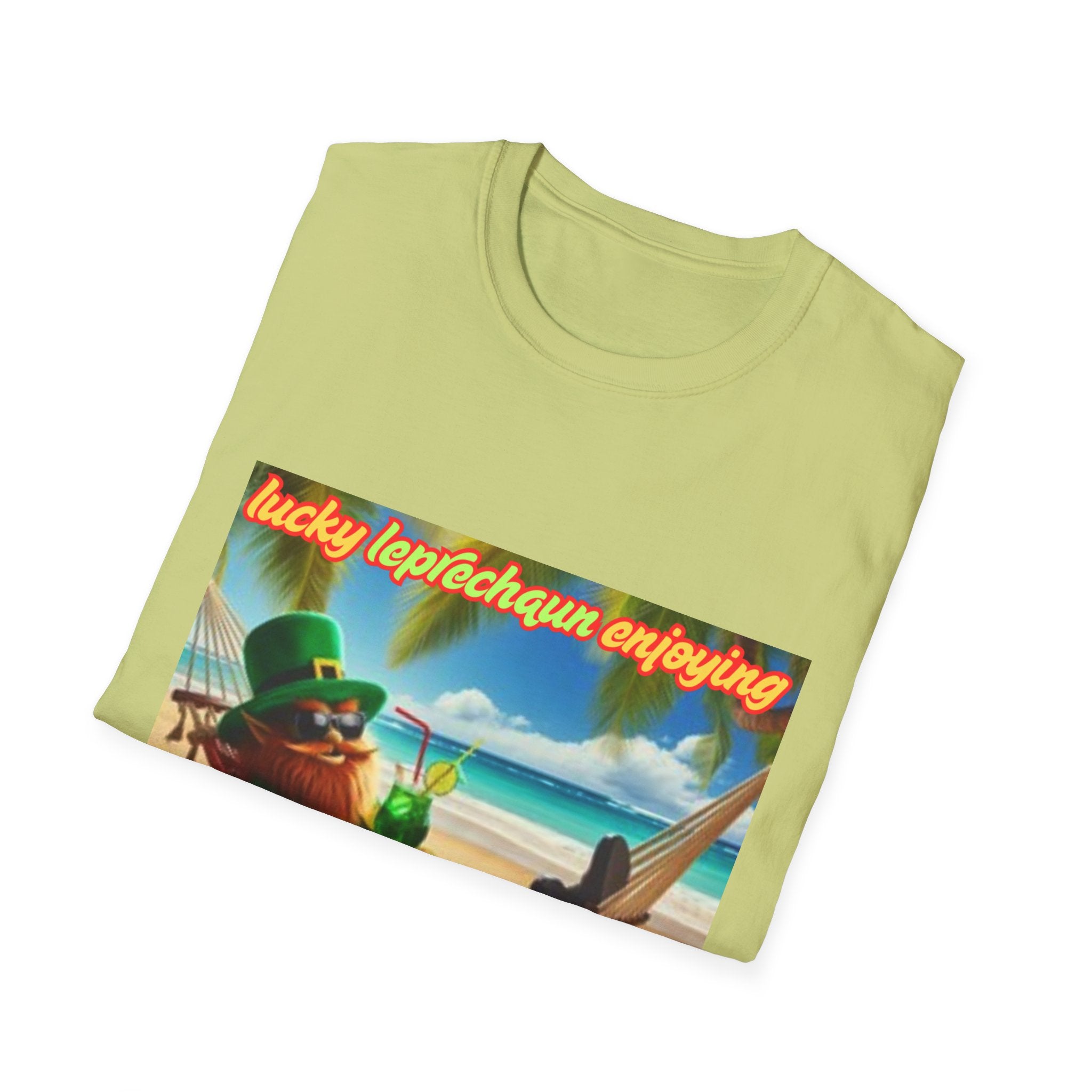Lucky Leprechaun Enjoying Tropical Fruitiness! Unisex Softstyle T-Shirt