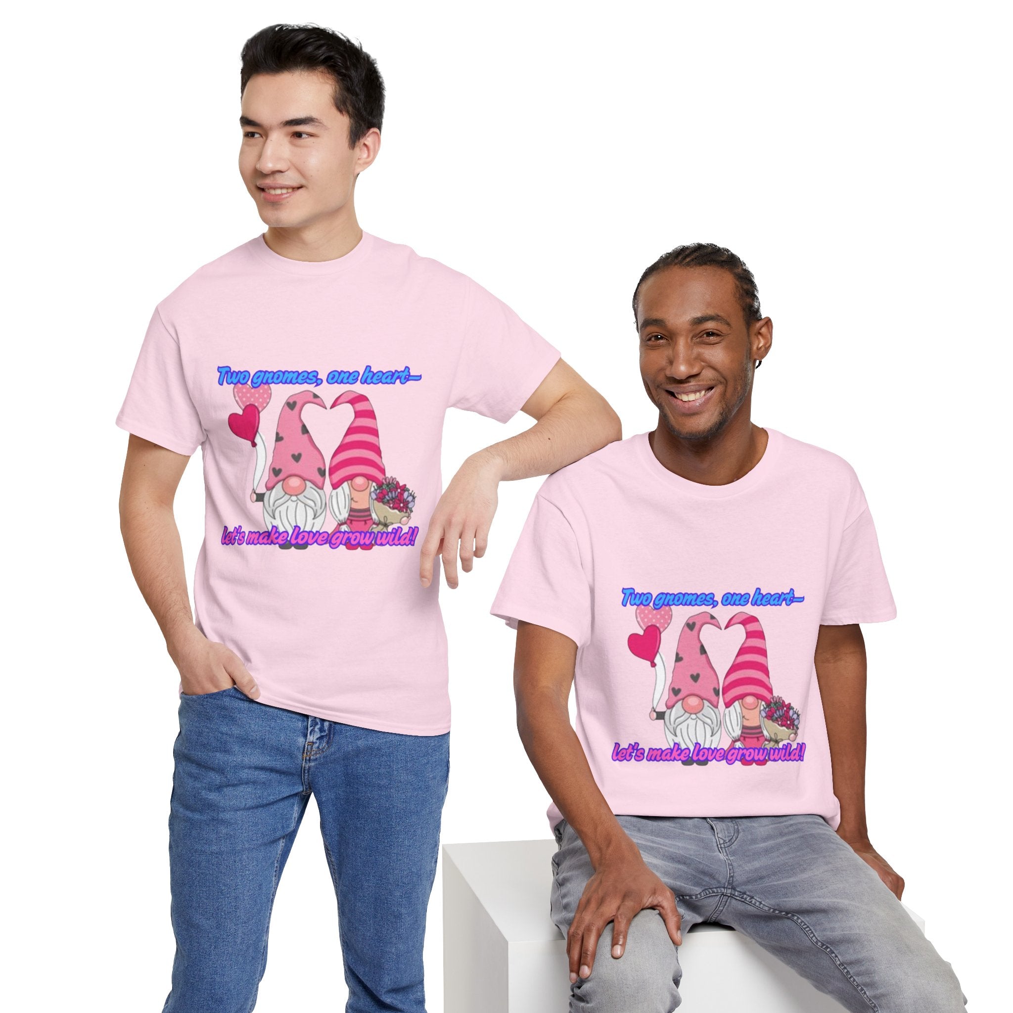 Two Gnomes, One Heart- Let's Make Love Grow Wild Unisex Heavy Cotton T-Shirt