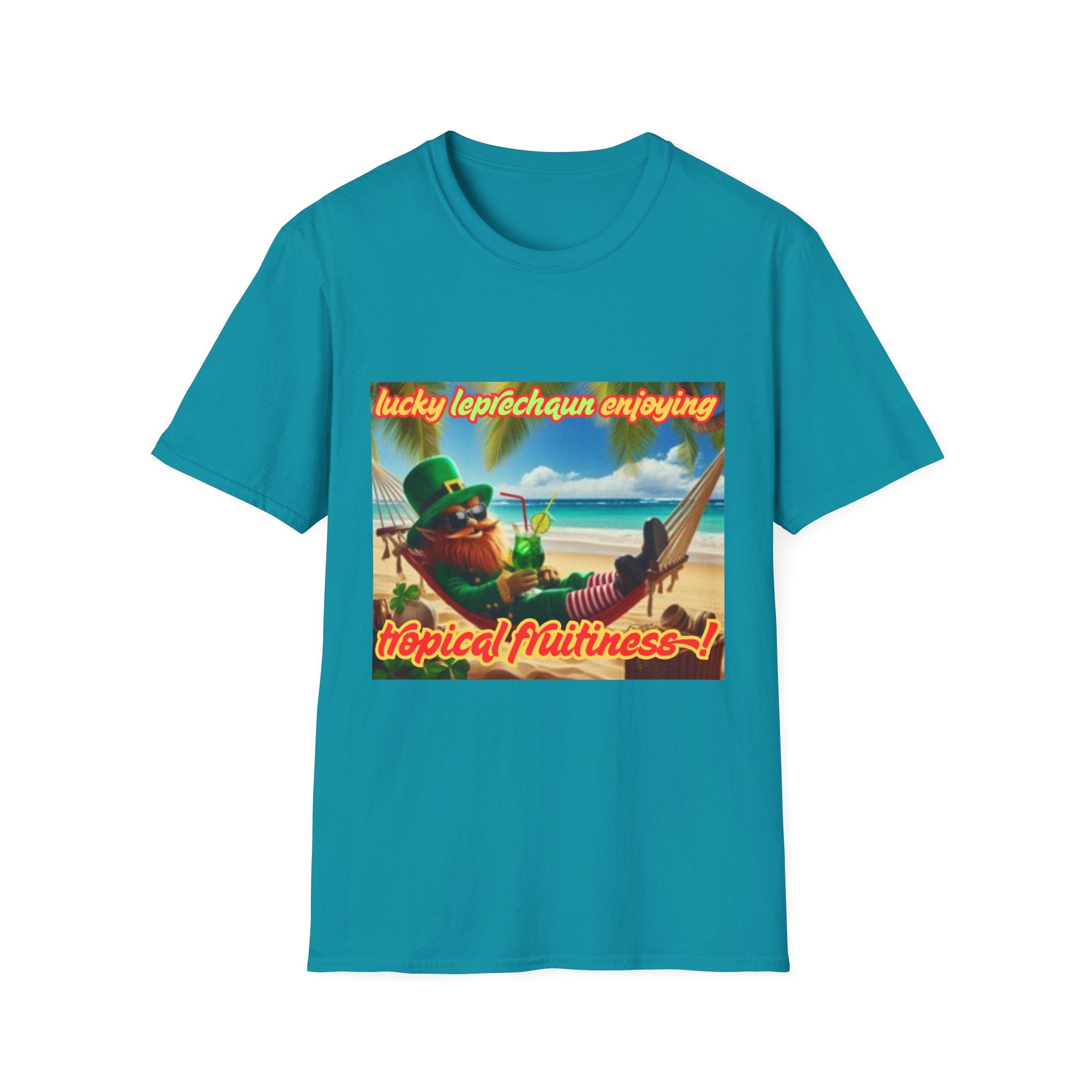Lucky Leprechaun Enjoying Tropical Fruitiness! Unisex Softstyle T-Shirt