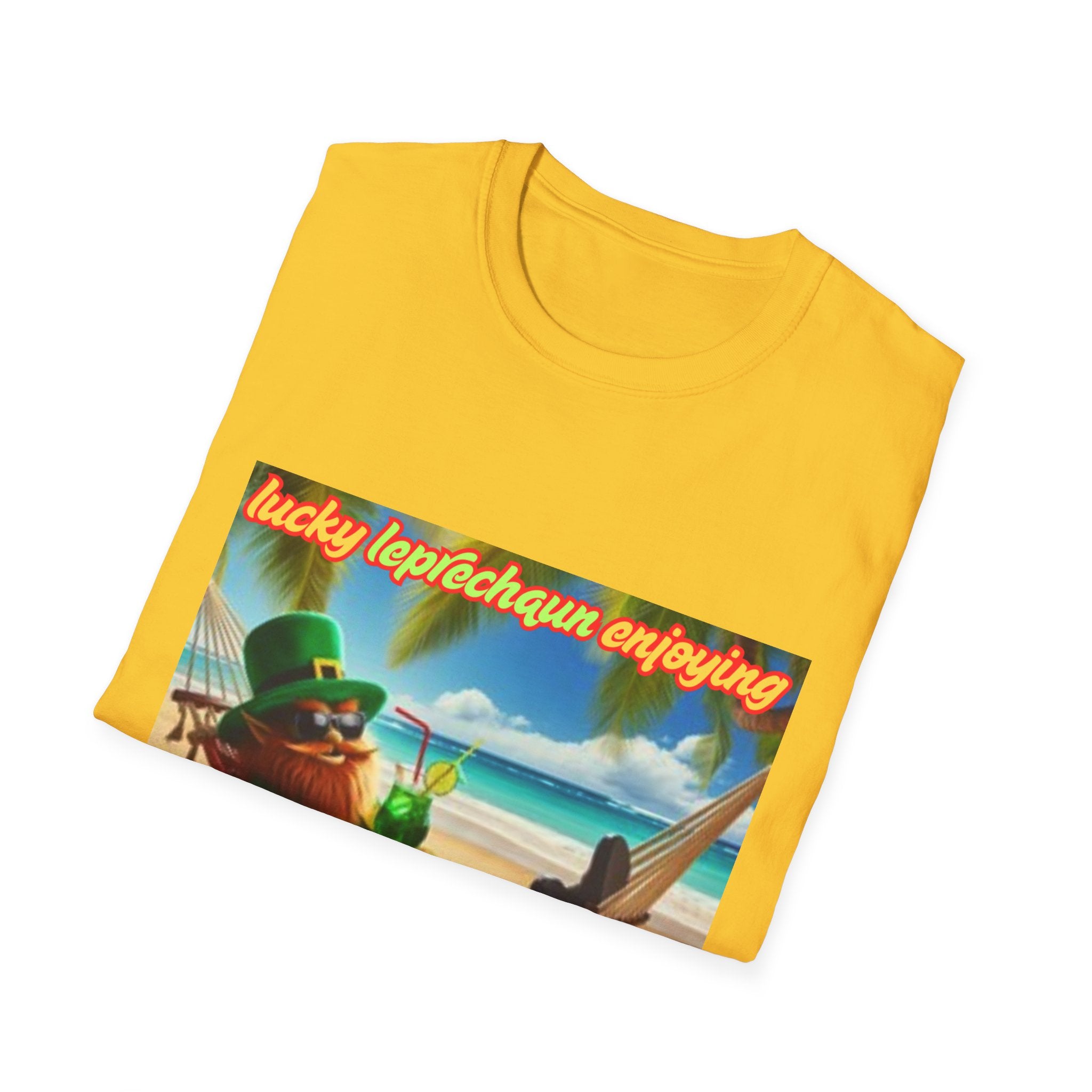 Lucky Leprechaun Enjoying Tropical Fruitiness! Unisex Softstyle T-Shirt