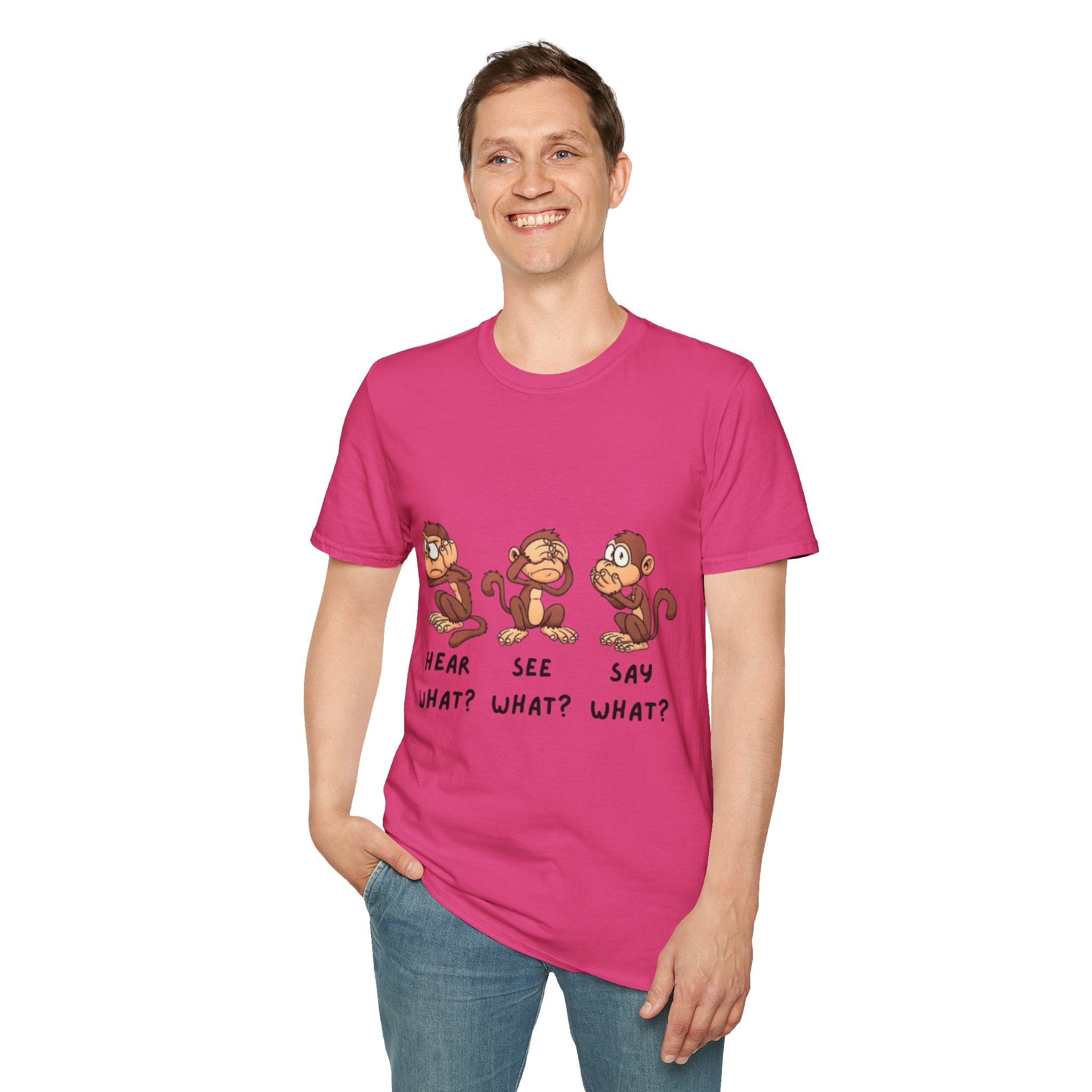Monkey Hear, See, Say What? Unisex Softstyle T-Shirt