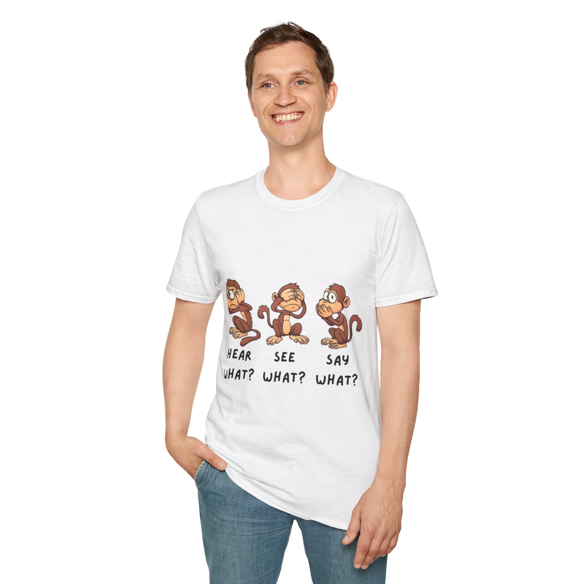 Monkey Hear, See, Say What? Unisex Softstyle T-Shirt
