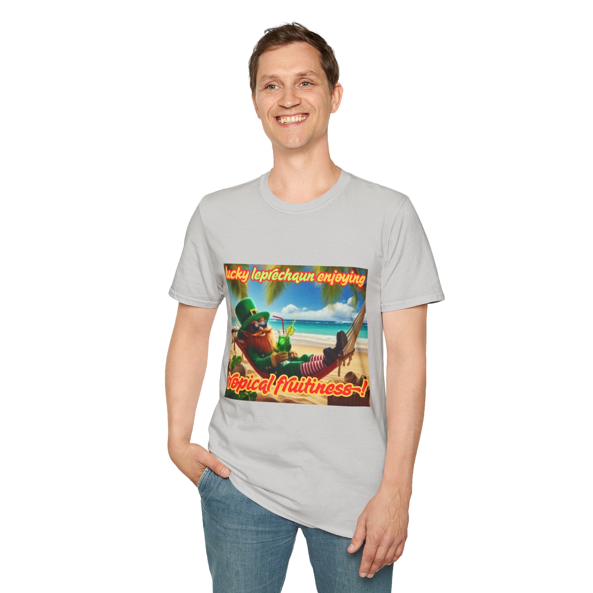 Lucky Leprechaun Enjoying Tropical Fruitiness! Unisex Softstyle T-Shirt
