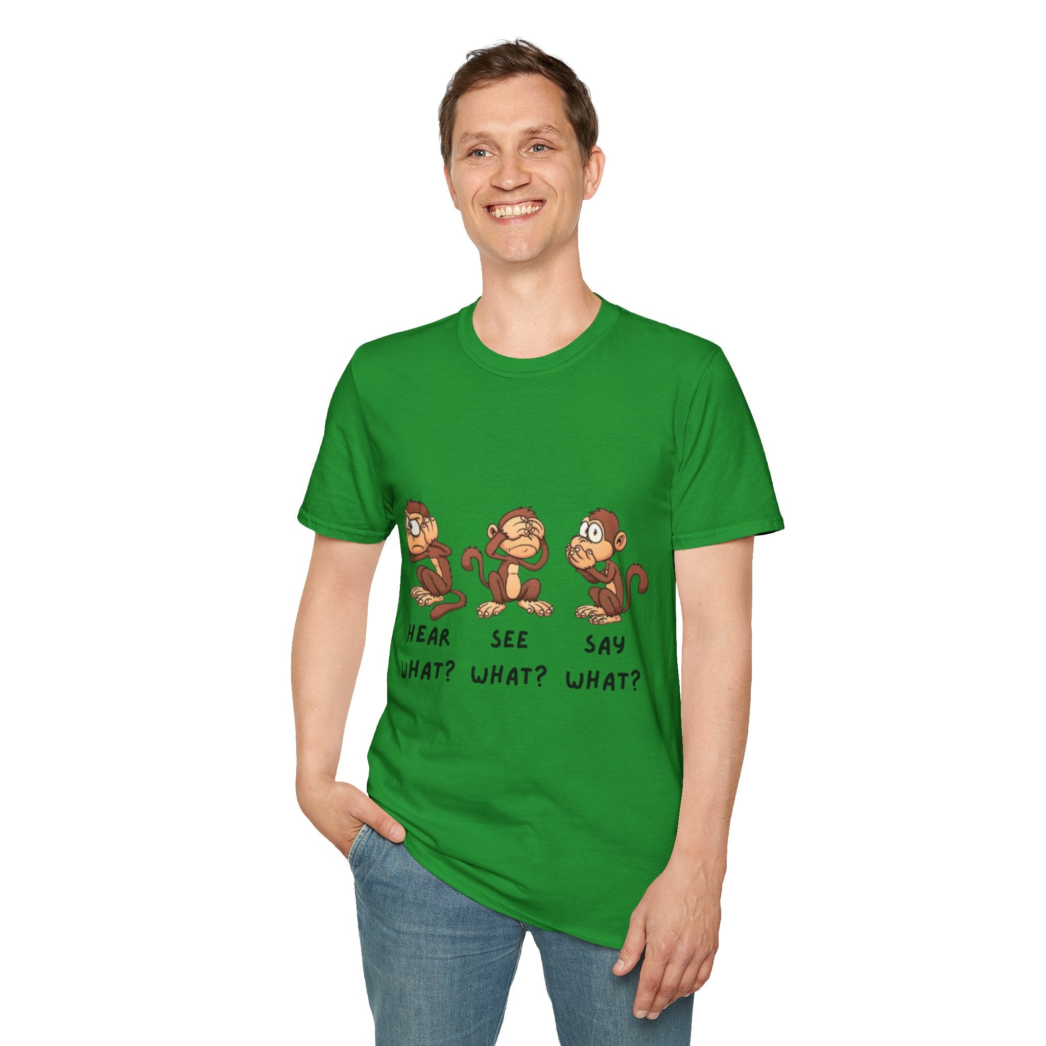 Monkey Hear, See, Say What? Unisex Softstyle T-Shirt