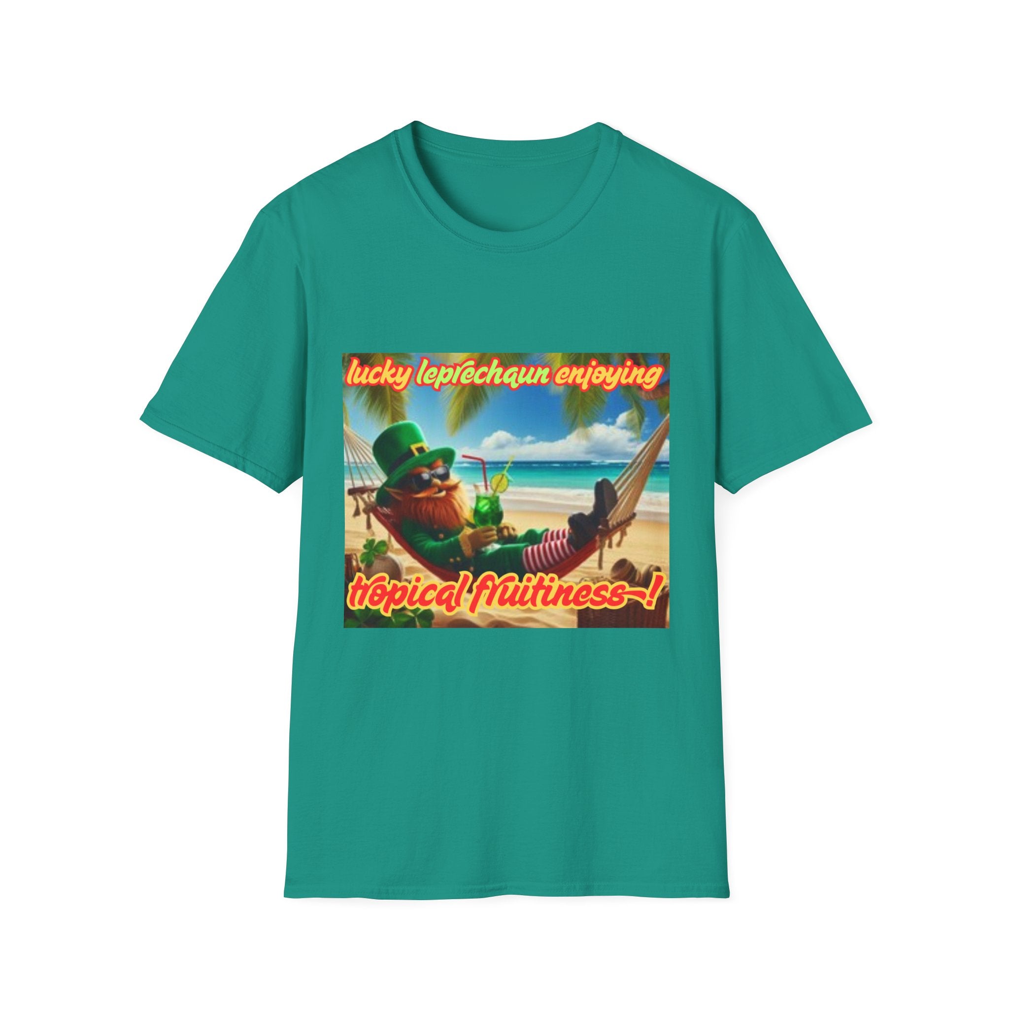 Lucky Leprechaun Enjoying Tropical Fruitiness! Unisex Softstyle T-Shirt