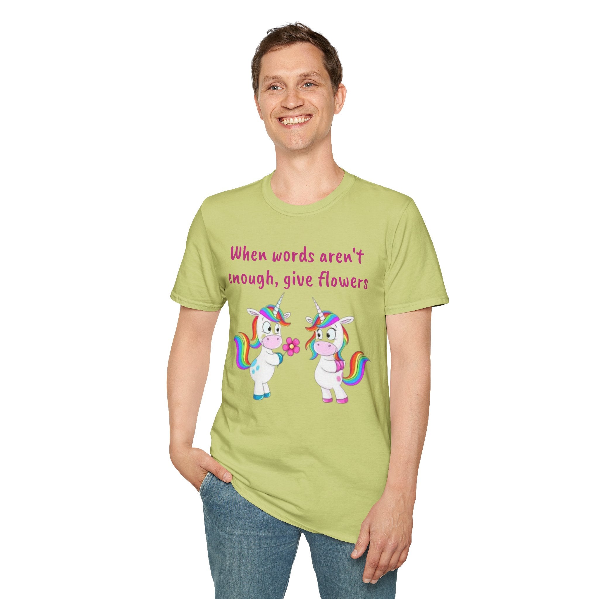 When Words Aren’t Enough, Give Flowers Unicorn Unisex Softstyle T-Shirt