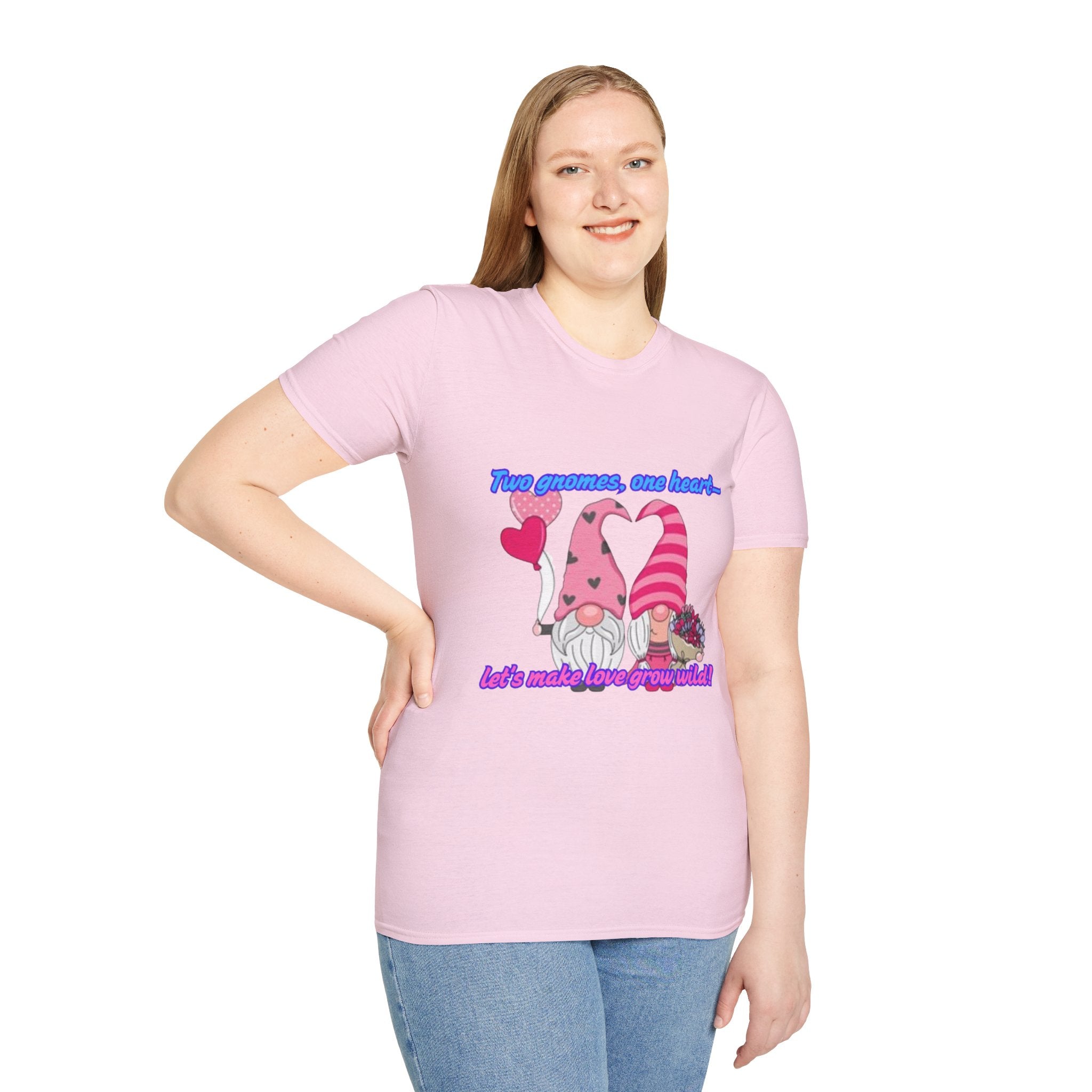 Two Gnomes, One Heart- Let's Make Love Grow Wild Unisex Softstyle T-Shirt