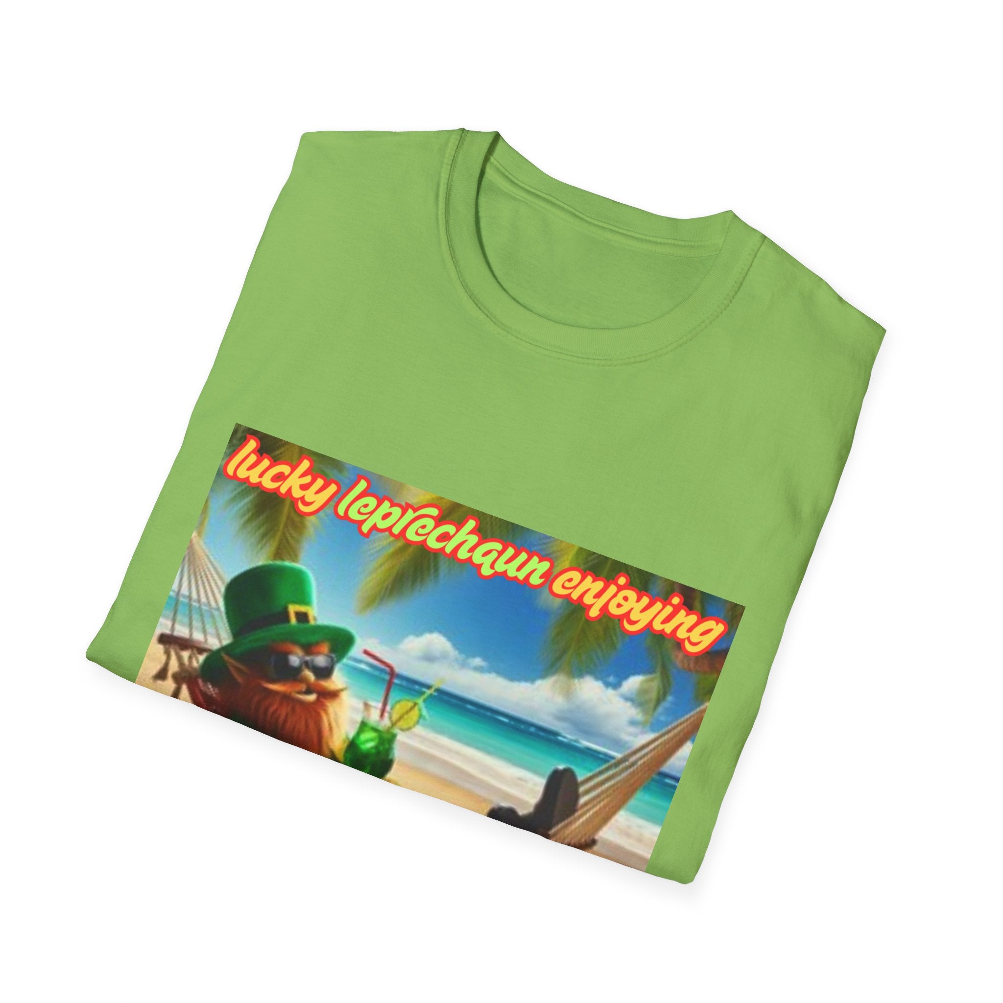 Lucky Leprechaun Enjoying Tropical Fruitiness! Unisex Softstyle T-Shirt