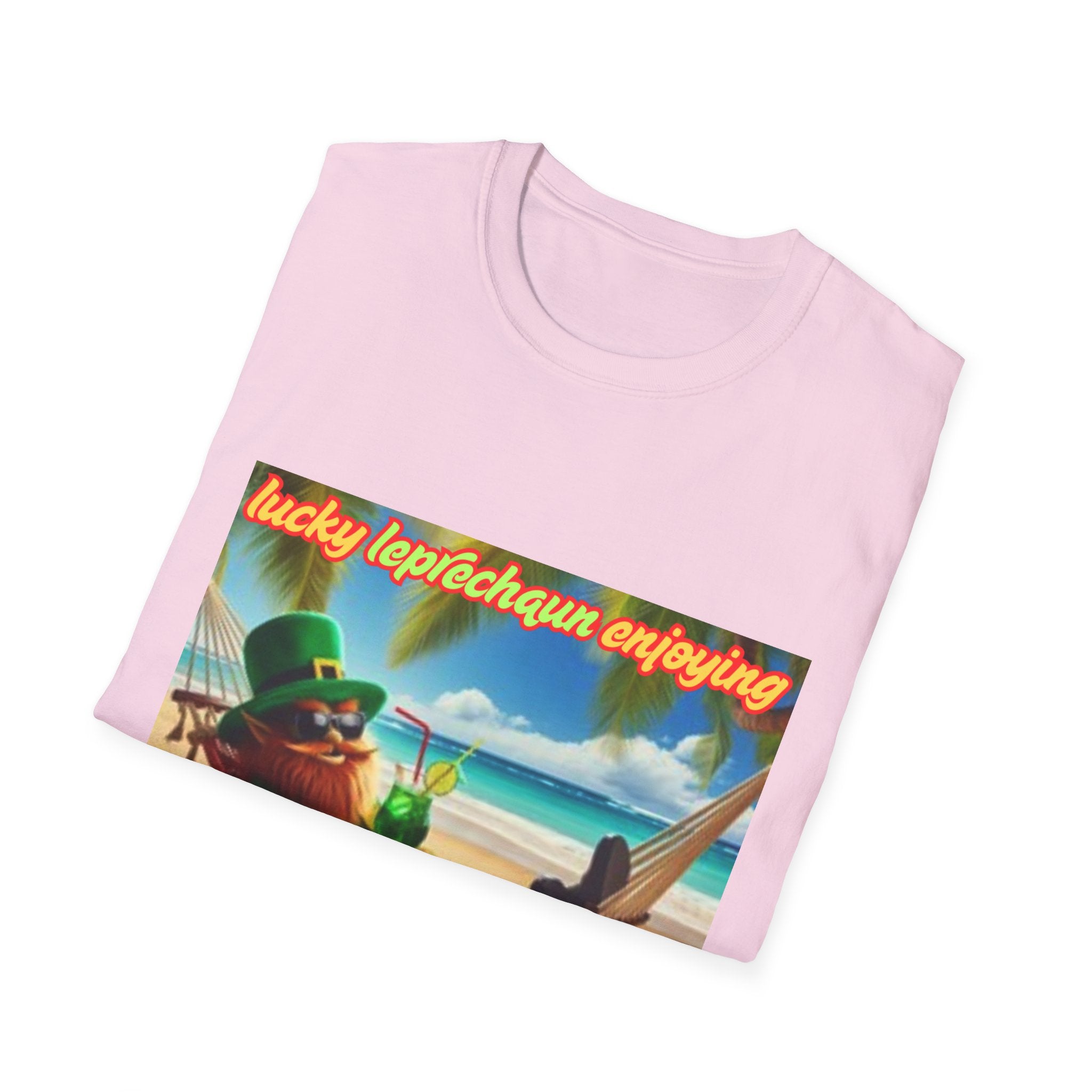 Lucky Leprechaun Enjoying Tropical Fruitiness! Unisex Softstyle T-Shirt