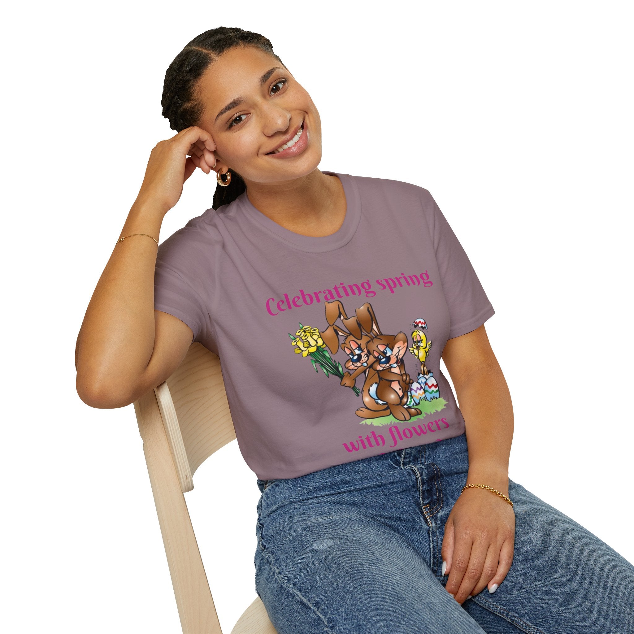 Celebrating Spring With Flowers And Friends Bunny Unisex Softstyle T-Shirt