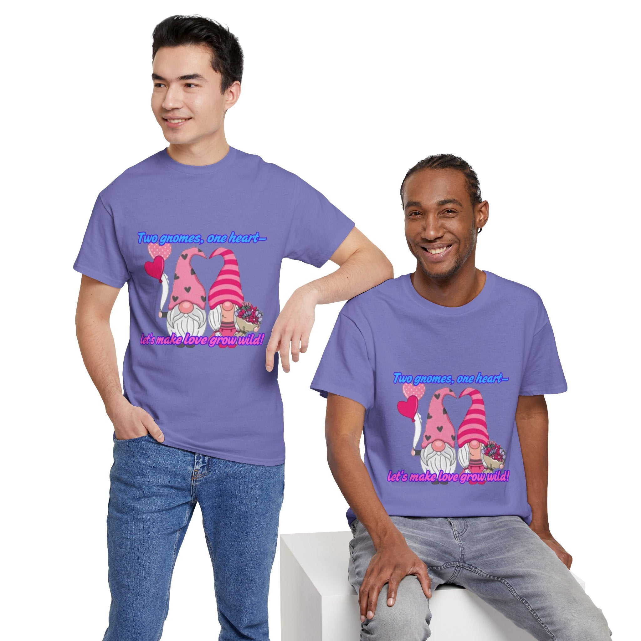 Two Gnomes, One Heart- Let's Make Love Grow Wild Unisex Heavy Cotton T-Shirt