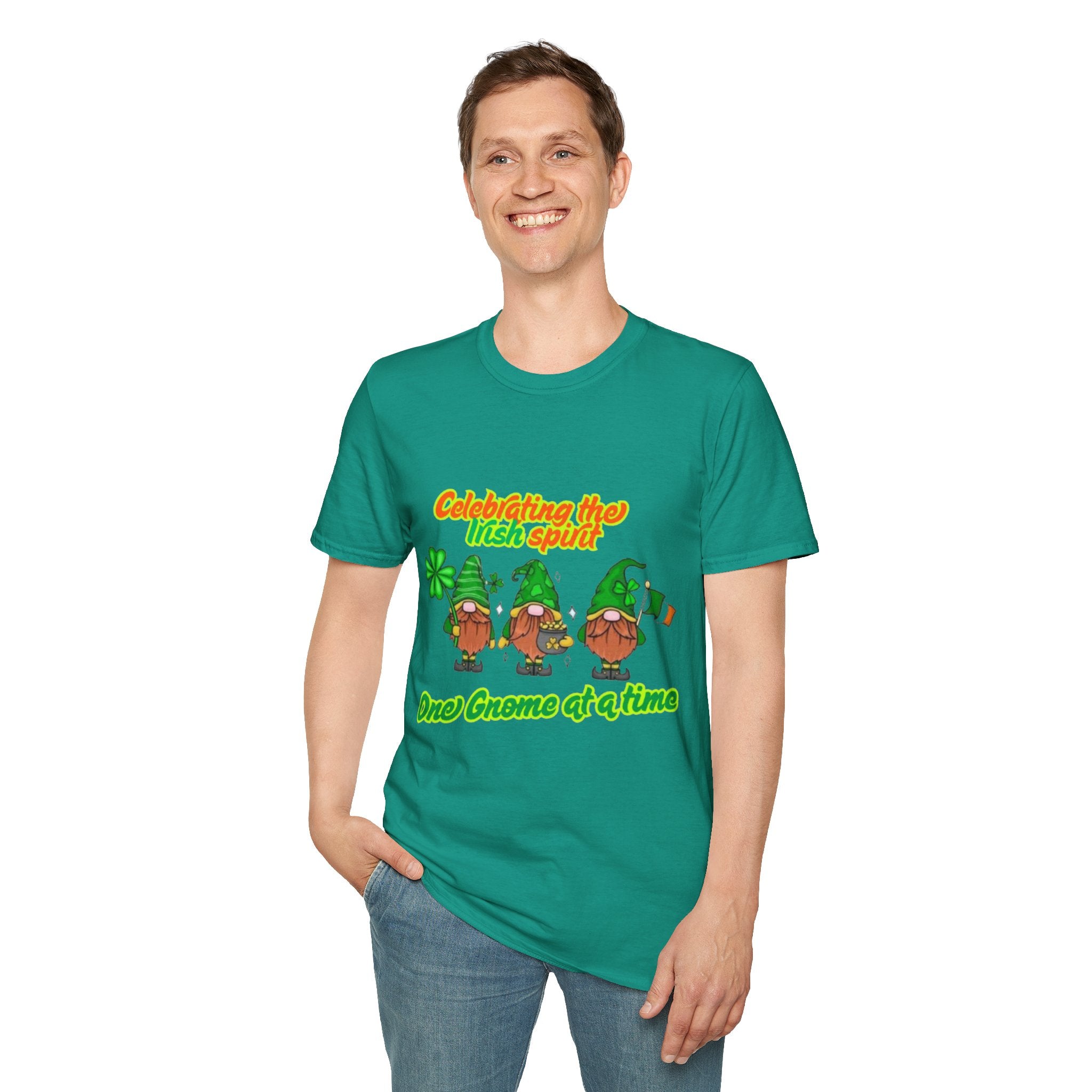 Celebrating the Irish Spirit One Gnome At A Time Unisex Softstyle T-Shirt