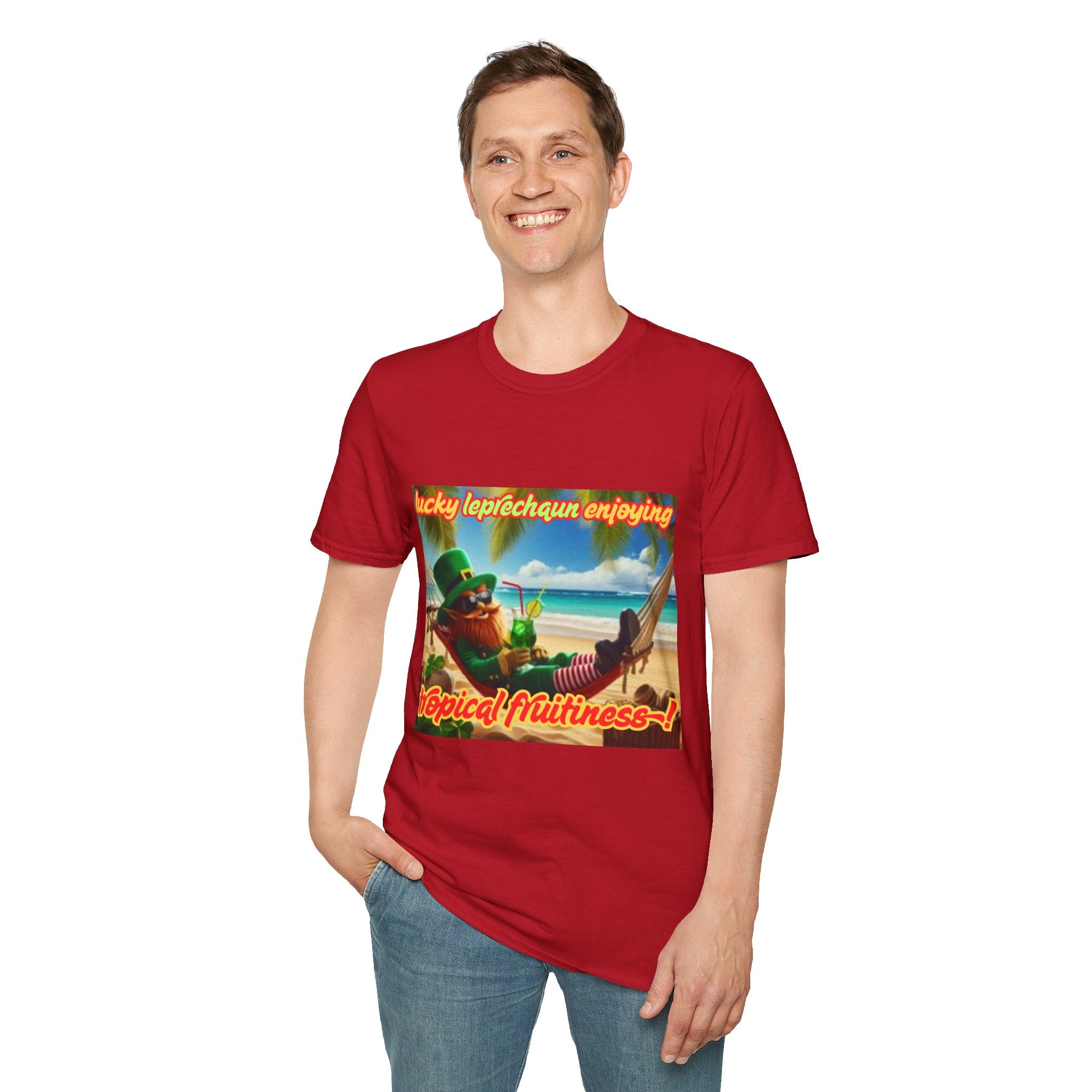 Lucky Leprechaun Enjoying Tropical Fruitiness! Unisex Softstyle T-Shirt