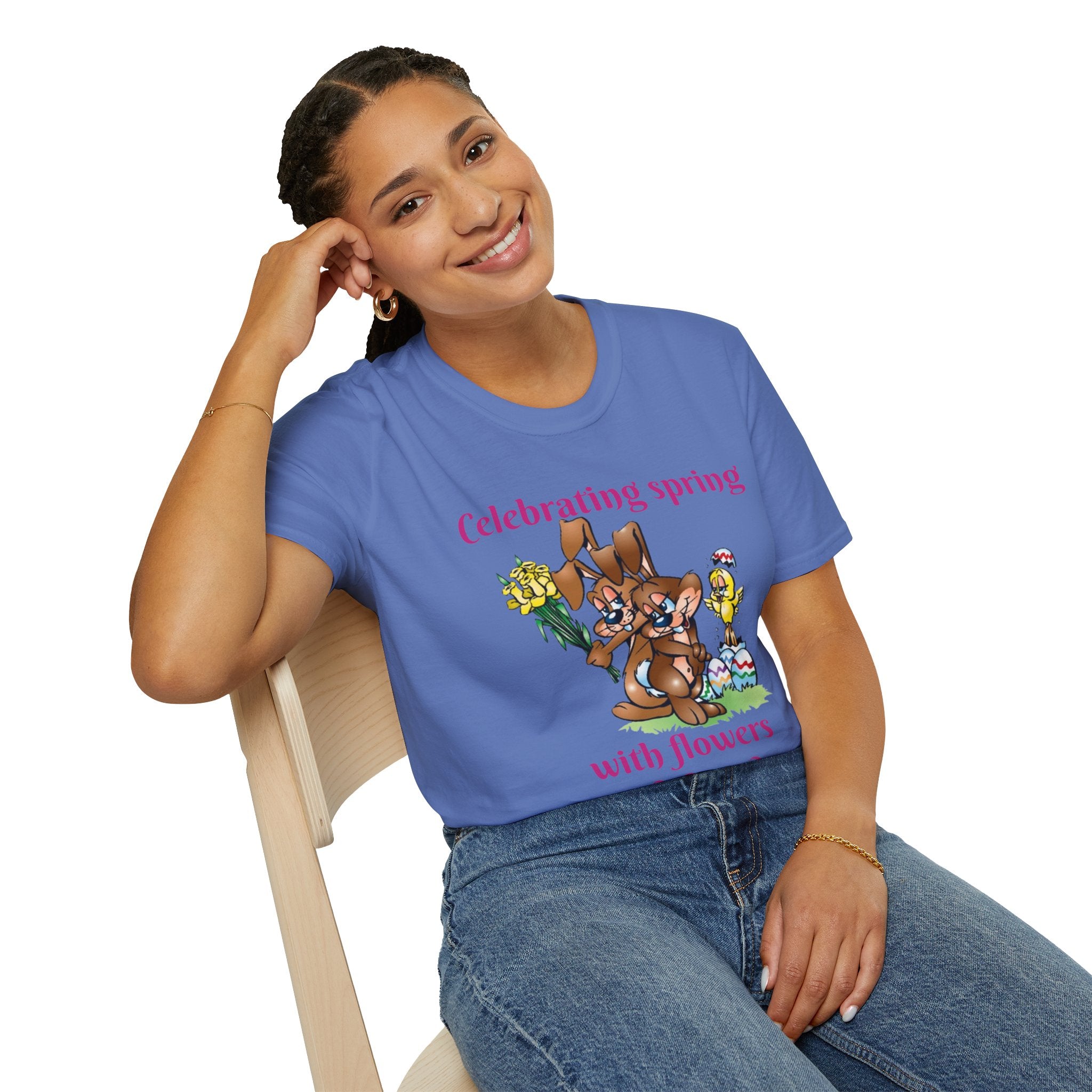 Celebrating Spring With Flowers And Friends Bunny Unisex Softstyle T-Shirt