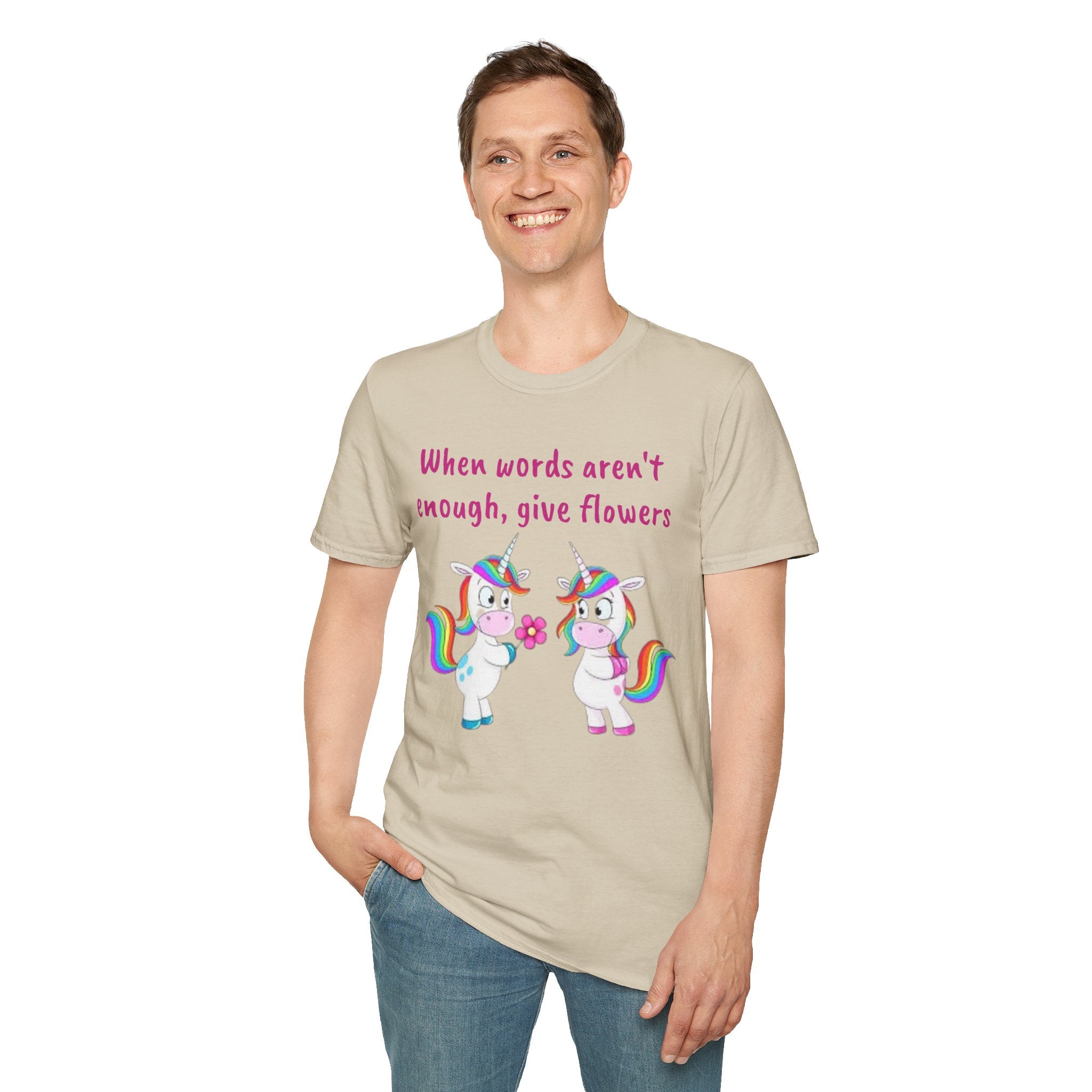 When Words Aren’t Enough, Give Flowers Unicorn Unisex Softstyle T-Shirt