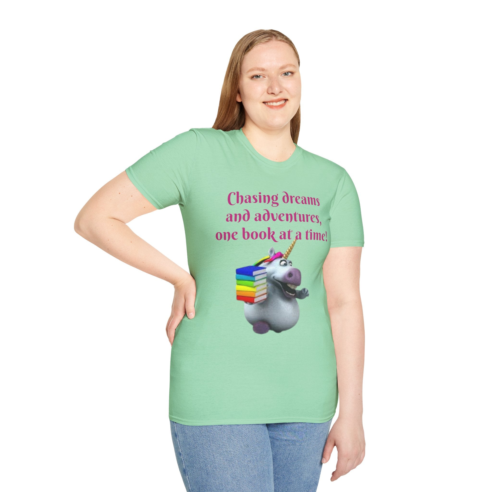 Chasing Dreams And Adventures, One Book At A Time! Unicorn Unisex Softstyle T-Shirt
