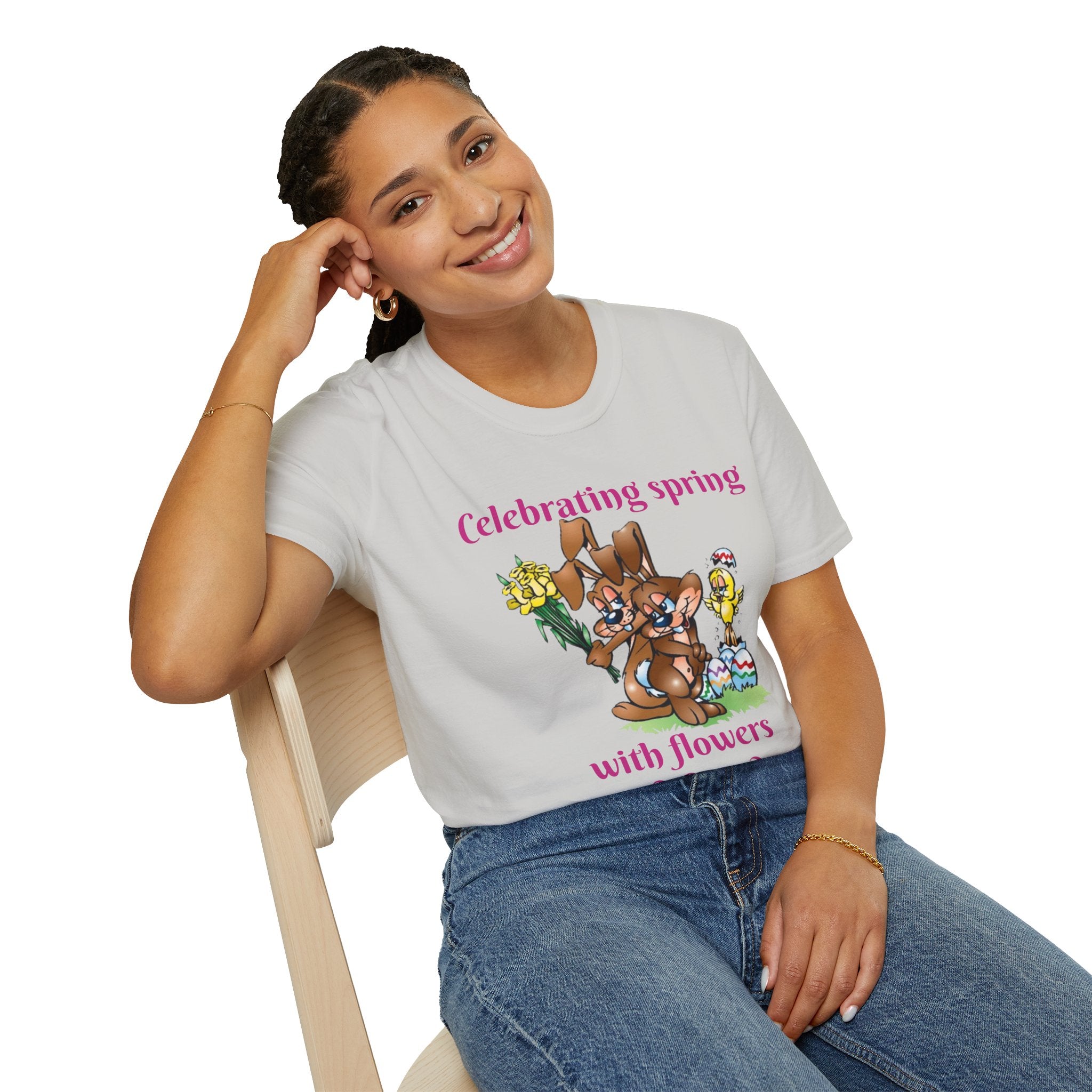Celebrating Spring With Flowers And Friends Bunny Unisex Softstyle T-Shirt