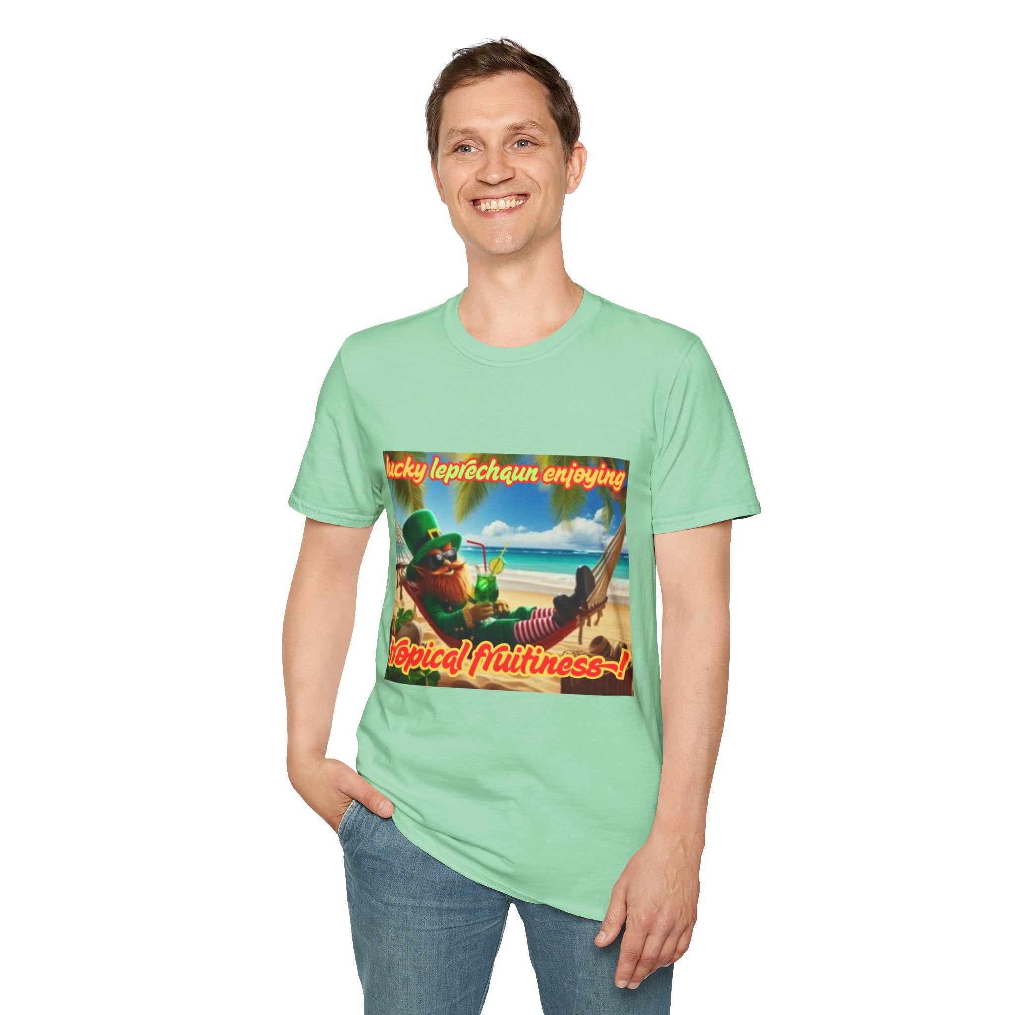 Lucky Leprechaun Enjoying Tropical Fruitiness! Unisex Softstyle T-Shirt