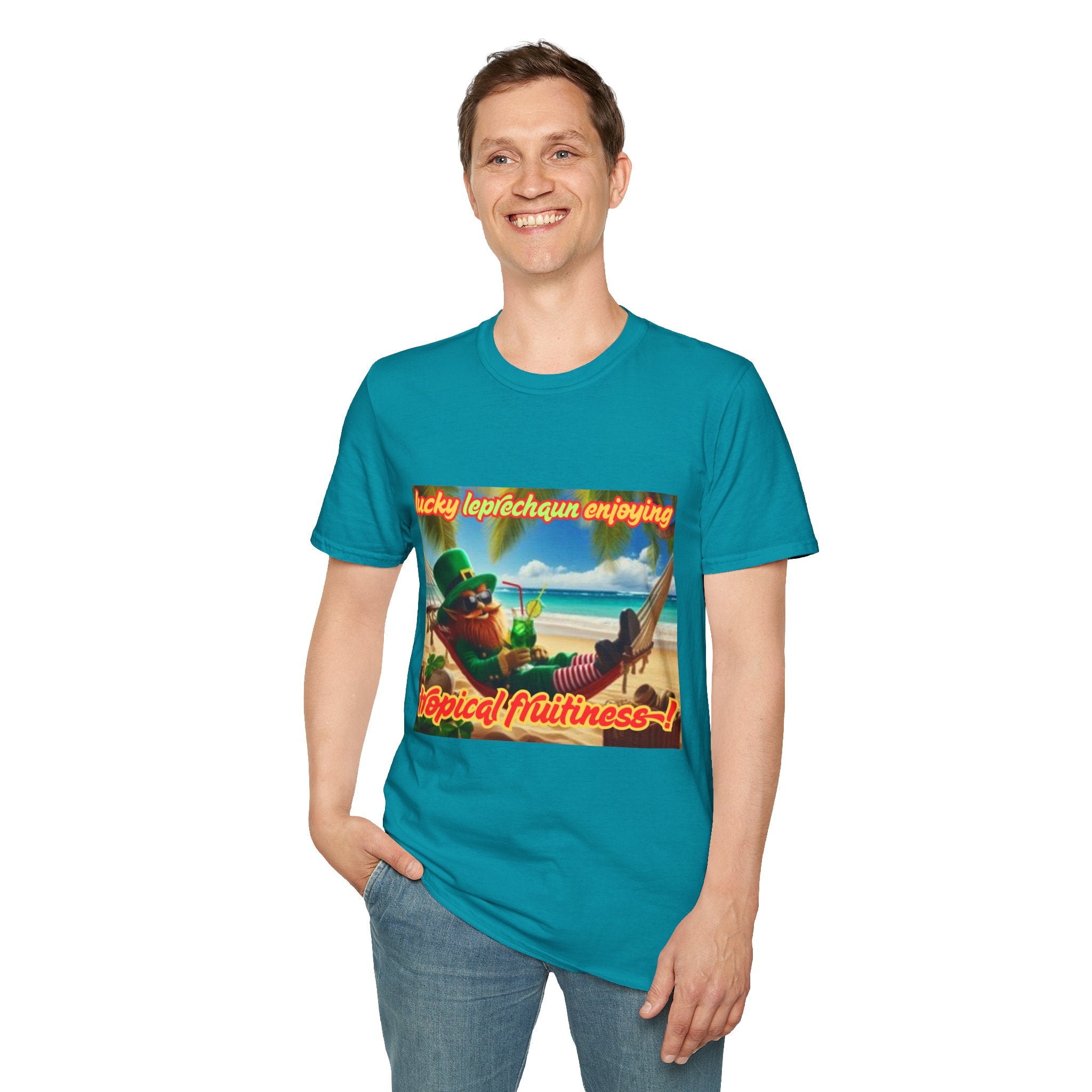 Lucky Leprechaun Enjoying Tropical Fruitiness! Unisex Softstyle T-Shirt