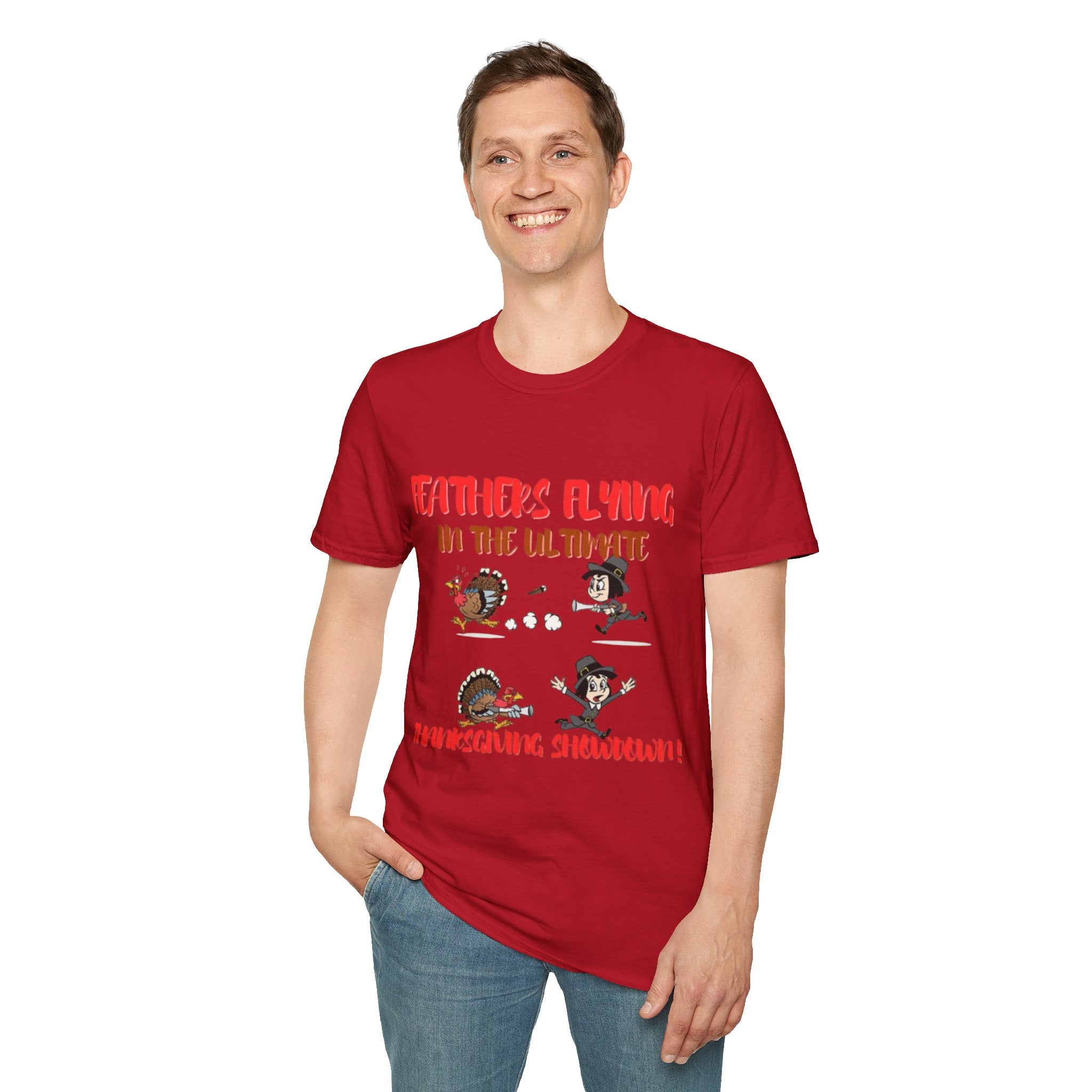 Feathers Flying In The Ultimate Thanksgiving Showdown Unisex Softstyle T-Shirt