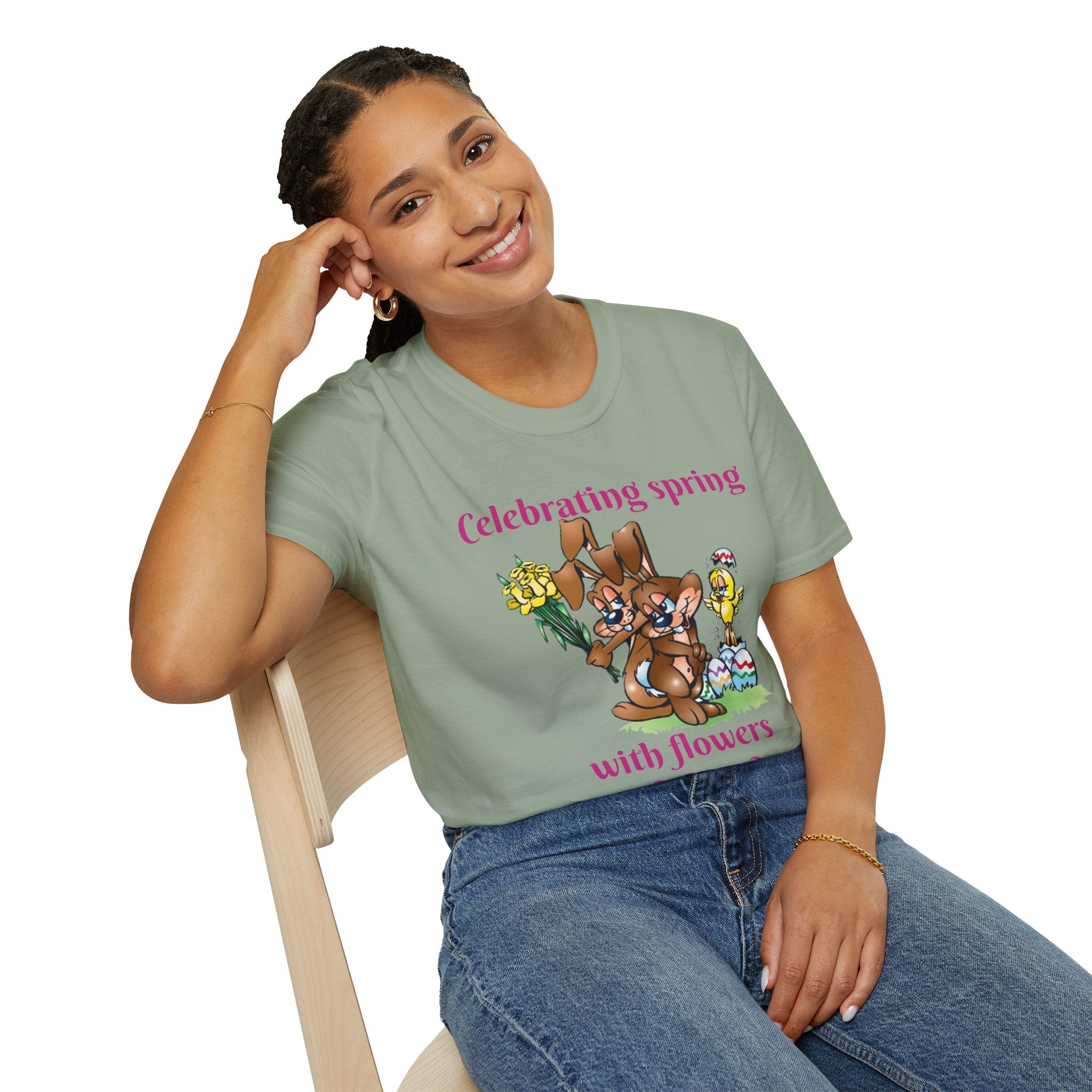 Celebrating Spring With Flowers And Friends Bunny Unisex Softstyle T-Shirt