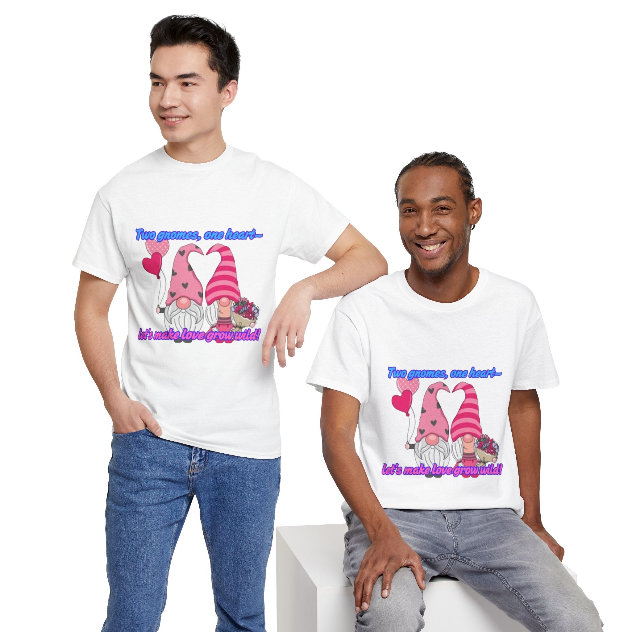 Two Gnomes, One Heart- Let's Make Love Grow Wild Unisex Heavy Cotton T-Shirt