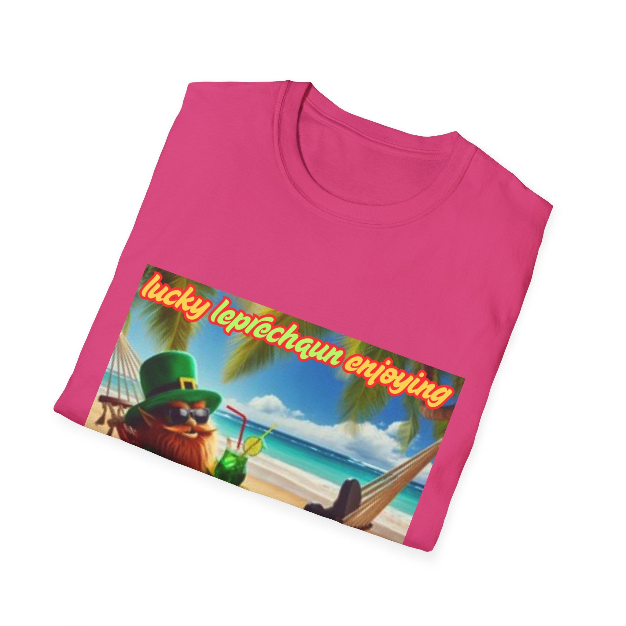 Lucky Leprechaun Enjoying Tropical Fruitiness! Unisex Softstyle T-Shirt