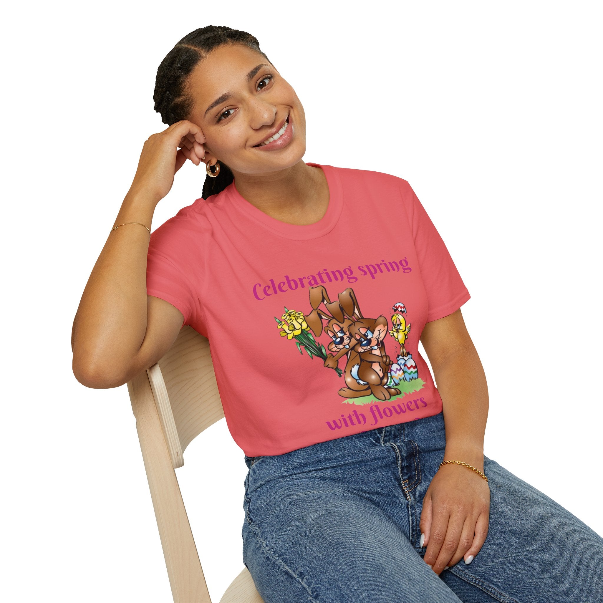 Celebrating Spring With Flowers And Friends Bunny Unisex Softstyle T-Shirt