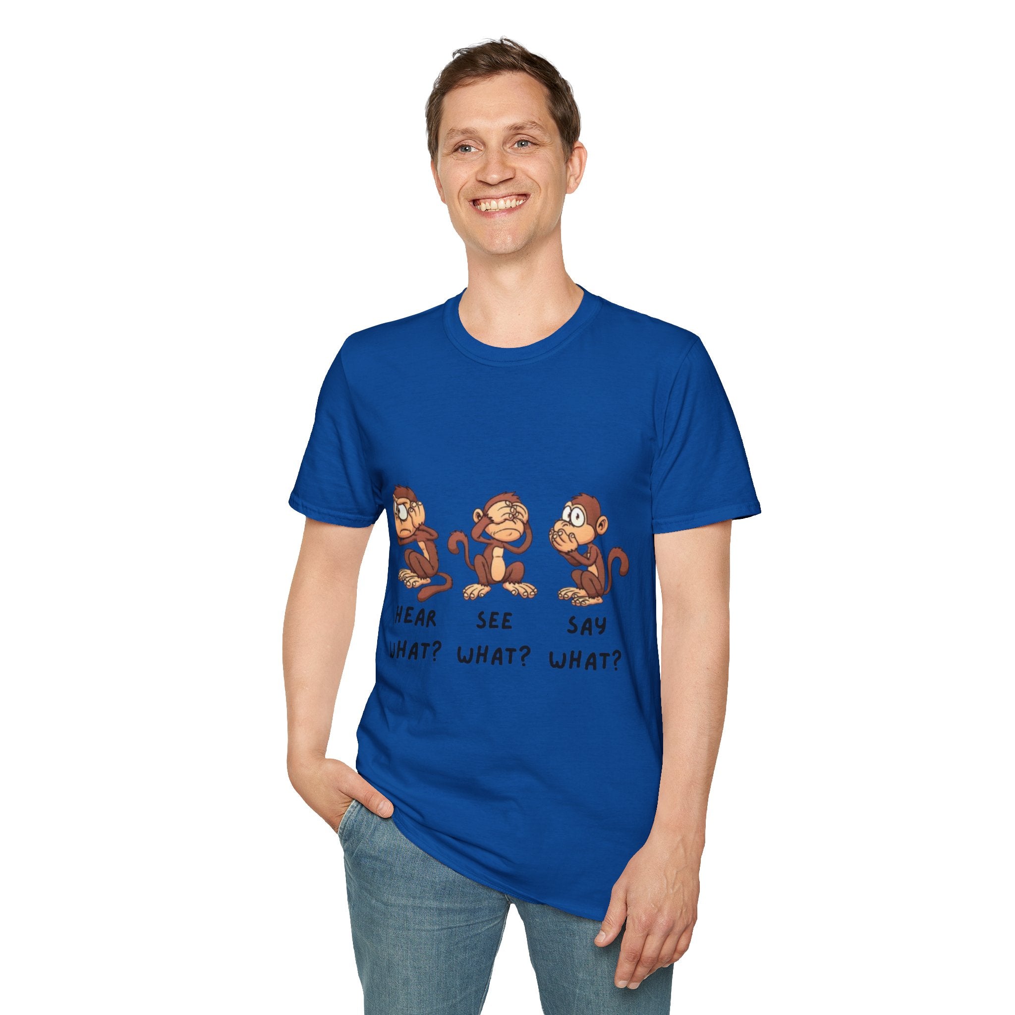 Monkey Hear, See, Say What? Unisex Softstyle T-Shirt